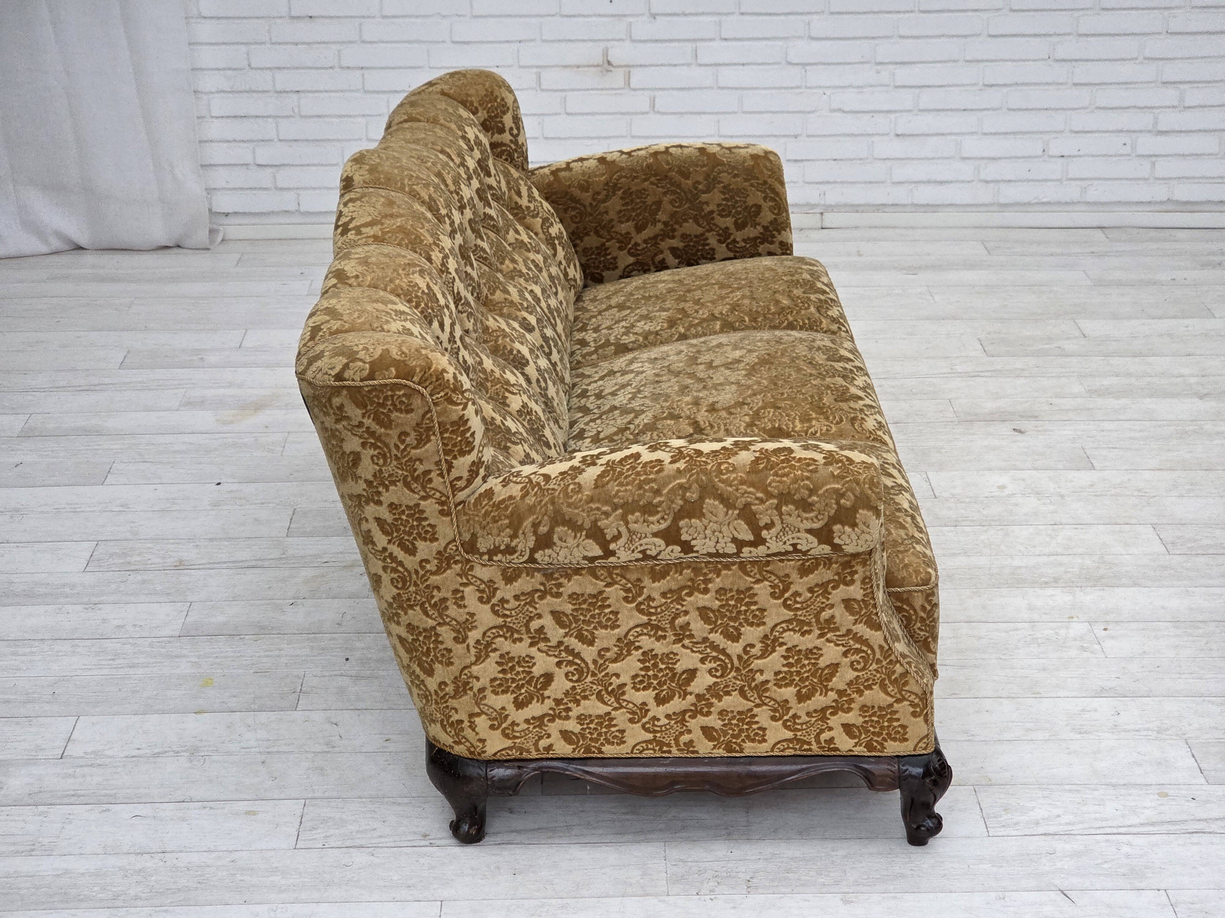 1950s, Danish 3-seater sofa, furniture velour, carved oak wood.