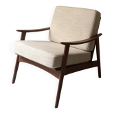 Fauteuil scandinave en bois, tissu Pierre Frey refait a neuf, Danemark 1950