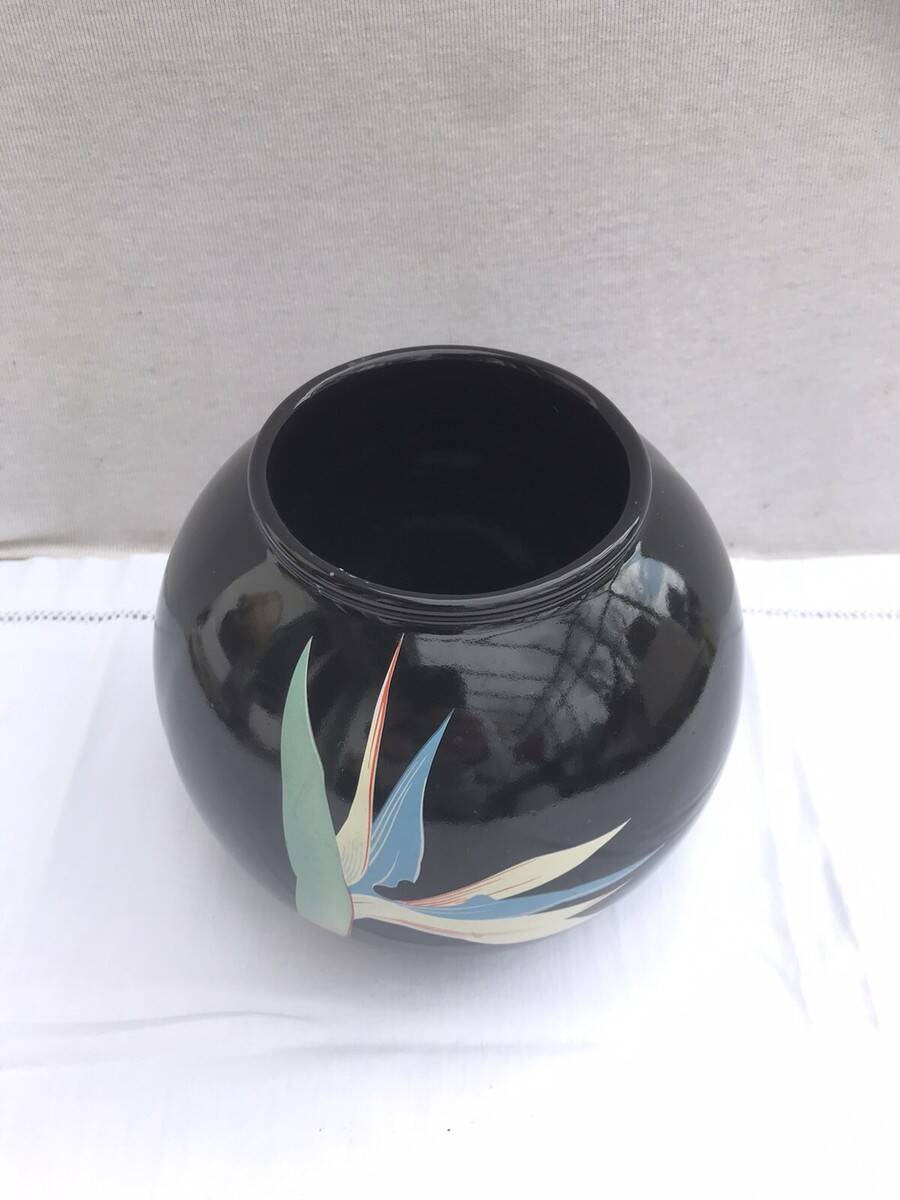 Black Ceramic Round Vase with Flower and Paradise Bird Design, 1970s Vintage
