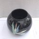 Black Ceramic Round Vase with Flower and Paradise Bird Design, 1970s Vintage