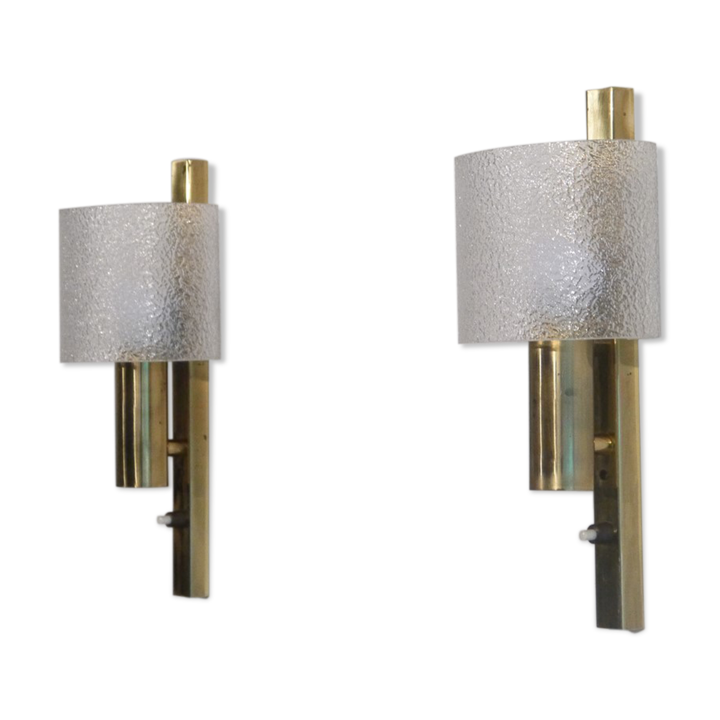 Pair of 1970 brass and plexiglass wall lamps