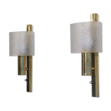 Pair of 1970 brass and plexiglass wall lamps
