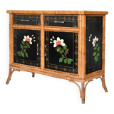 Japanese-style sideboard in bamboo and black lacquer enhanced with polychrome flowers