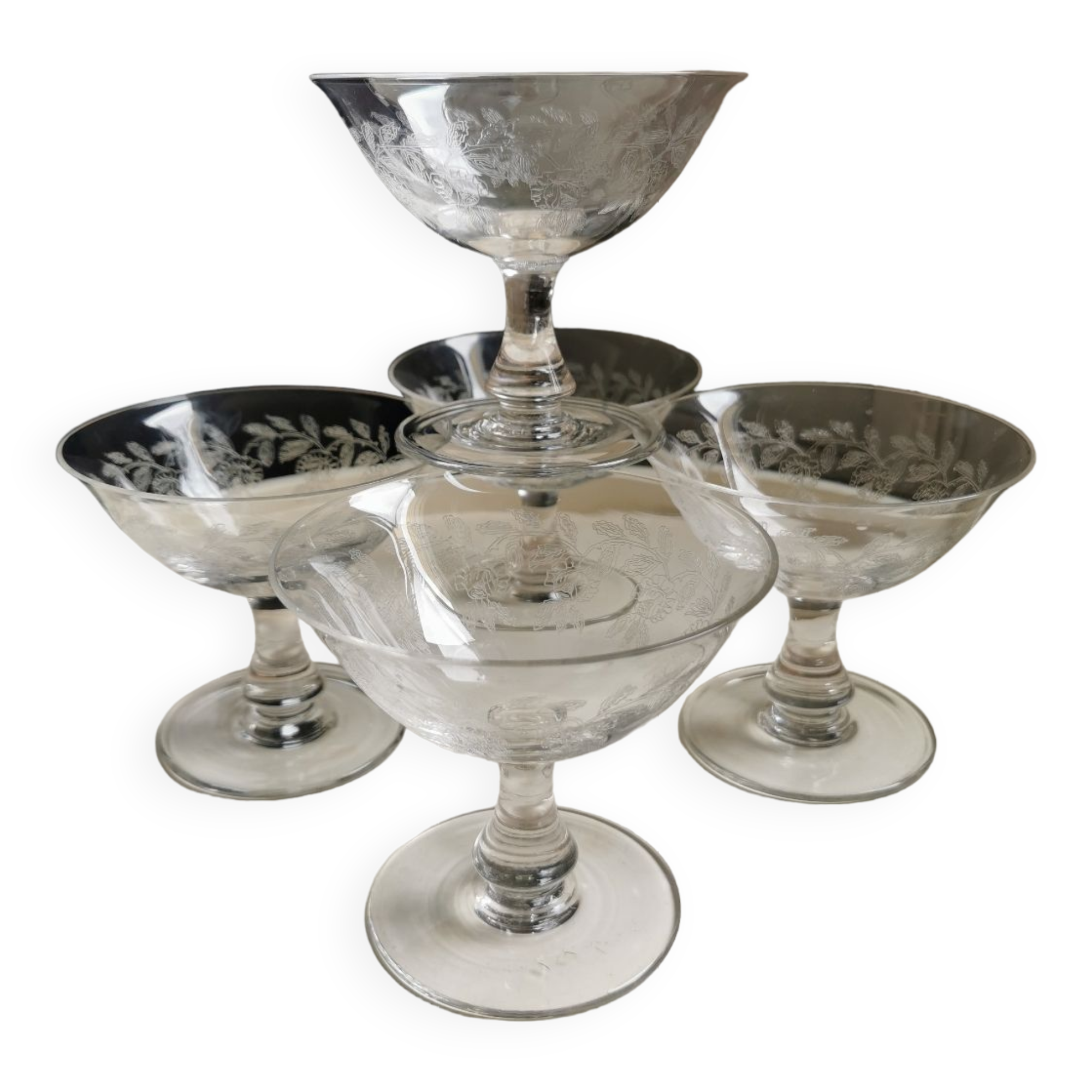 5 vintage hand-engraved champagne bowls