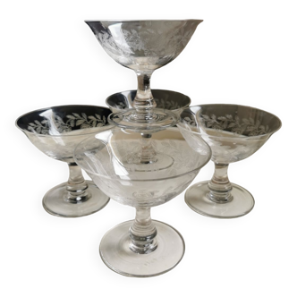 5 vintage hand-engraved champagne bowls