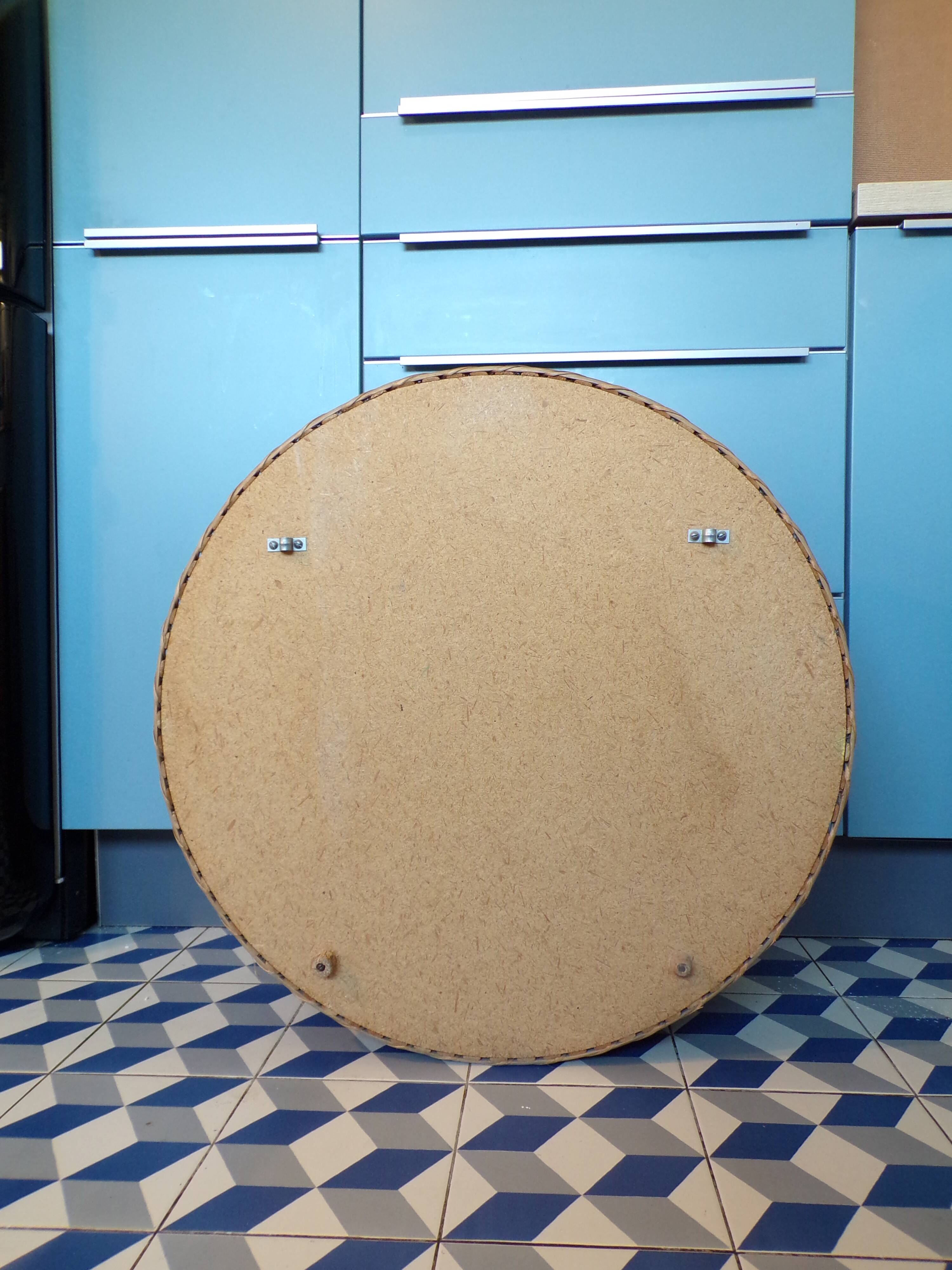 Vintage rattan wall mirror with glass shelf