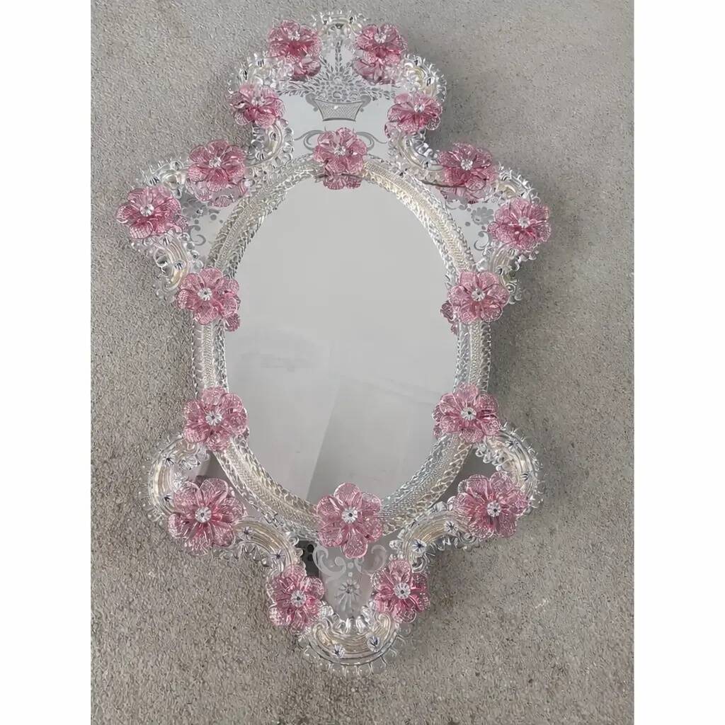Classic Italian Venetian Oval Pink Floral Mirror in Hand-Carved Murano Glas