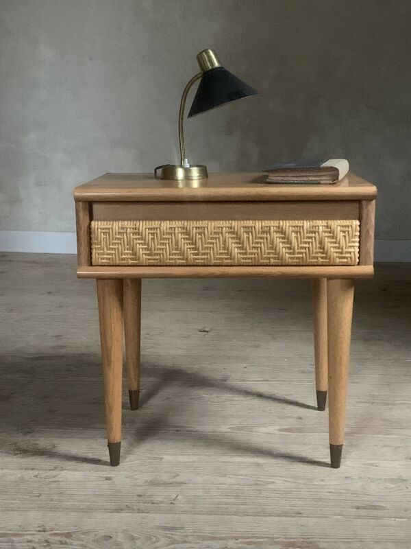 Table de Chevet vintage en chêne et rotin
