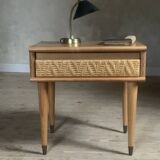 Vintage oak and rattan bedside table