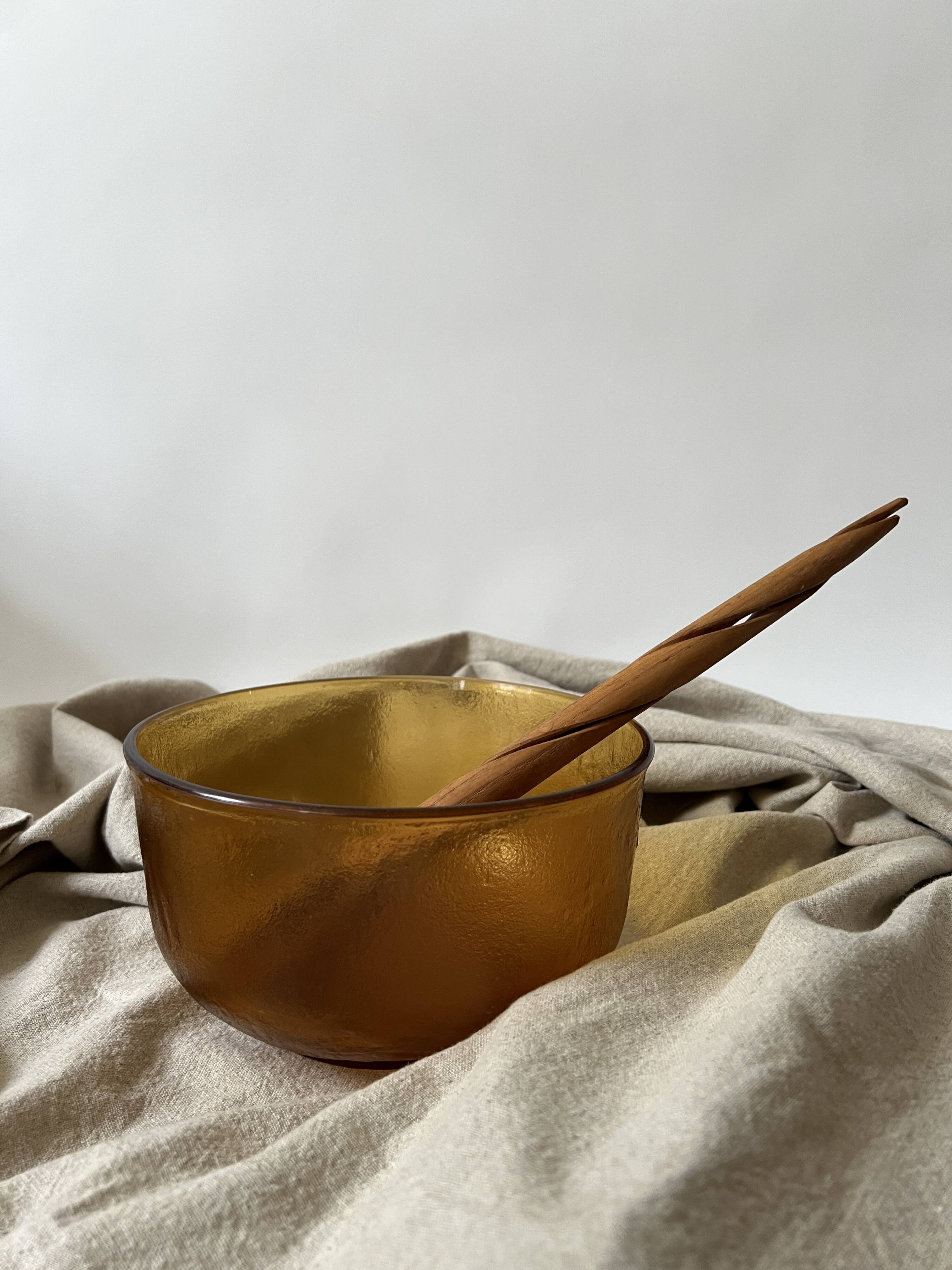 large vintage salad bowl in smoked and amber glass, France 1970