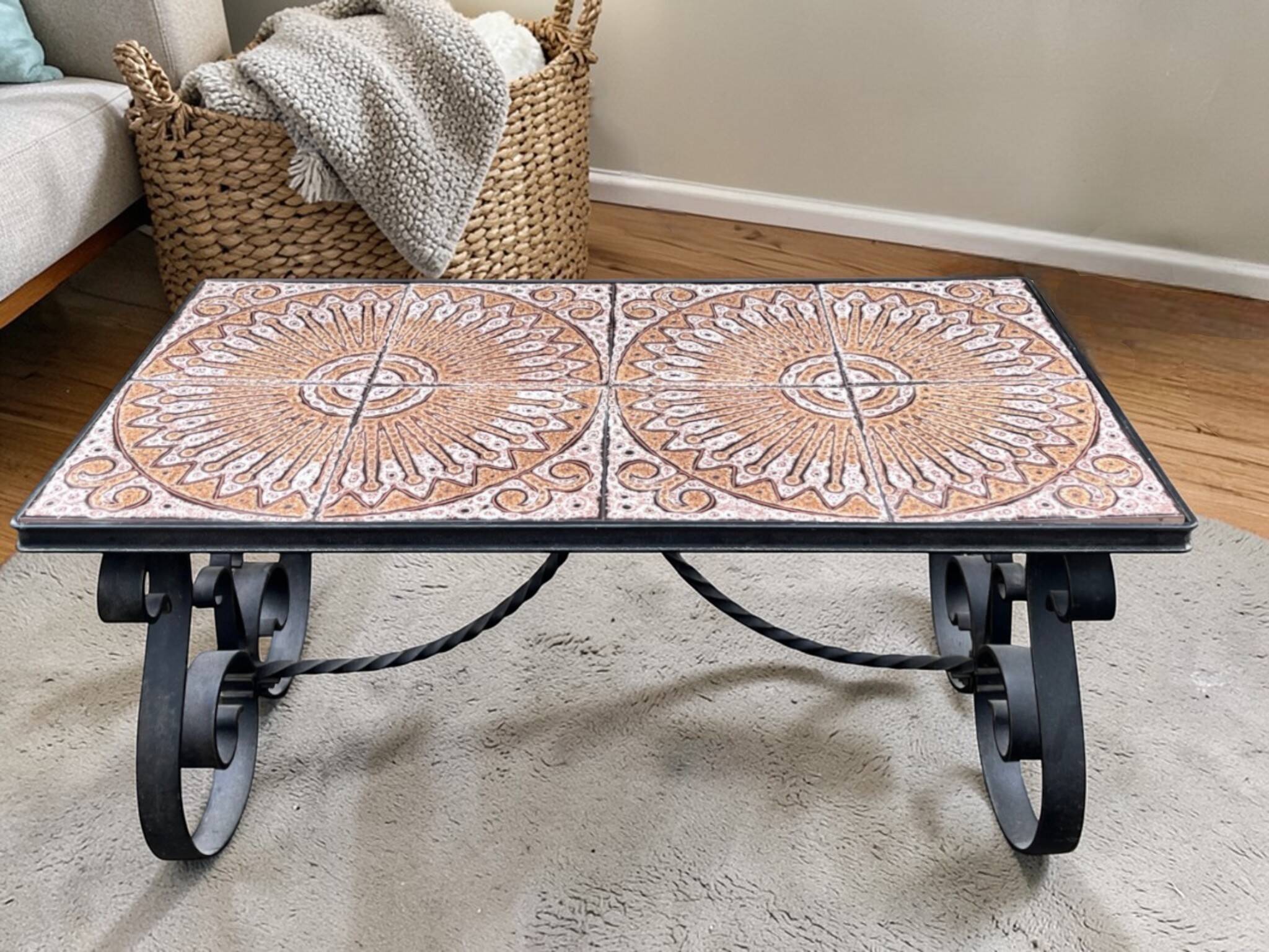 Vintage ceramic and wrought iron coffee table from around 1970.
