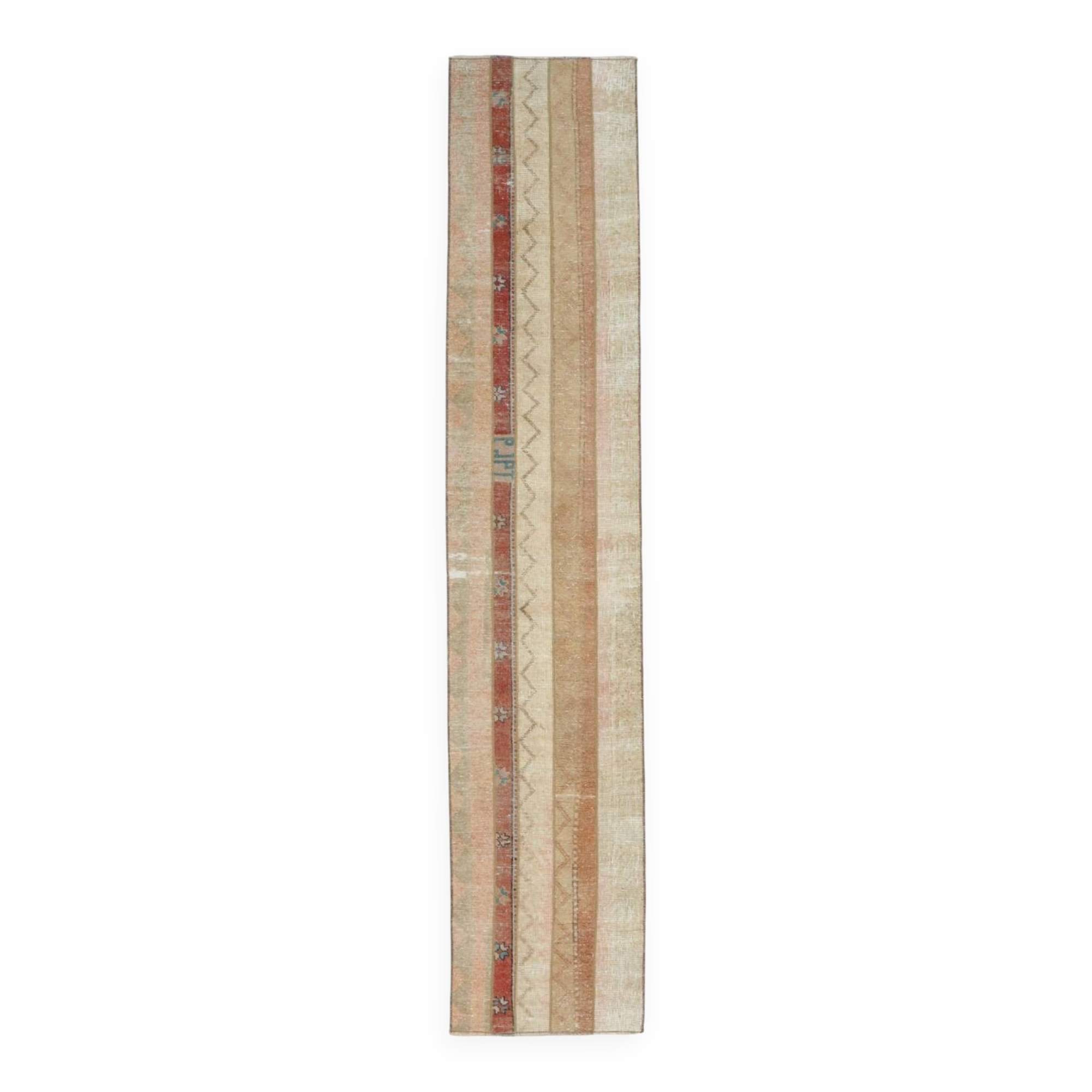 Red & Cream Long Turkish Vintage Runner Rug. 69x312Cm