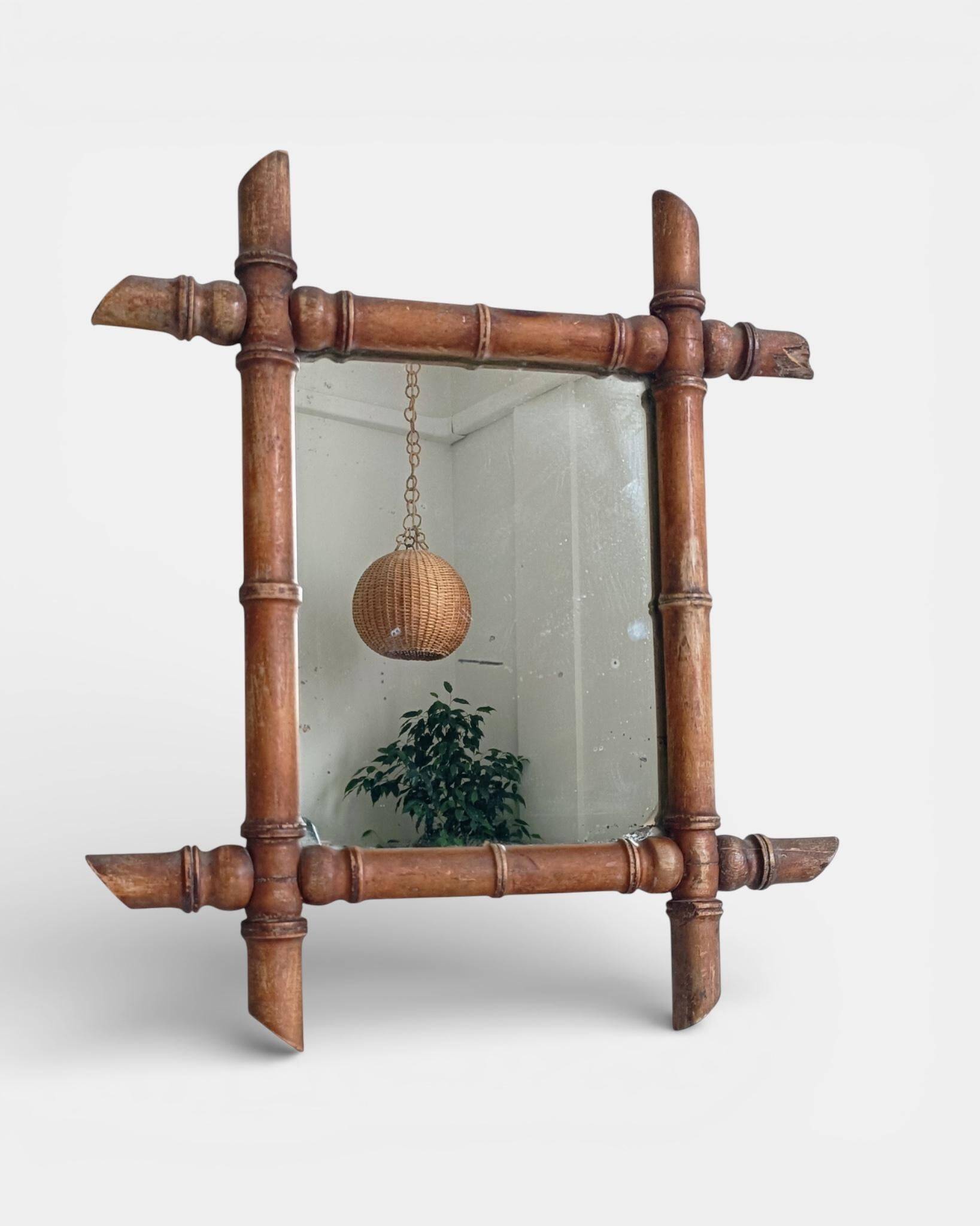 French Faux Bamboo Wall Mirror, Aged Patina, Circa 1900s