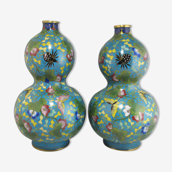 Paire de vases double gourde en émaux cloisonnés Chinois, Chine début 20è siècle