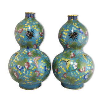 Paire de vases double gourde en émaux cloisonnés Chinois, Chine début 20è siècle