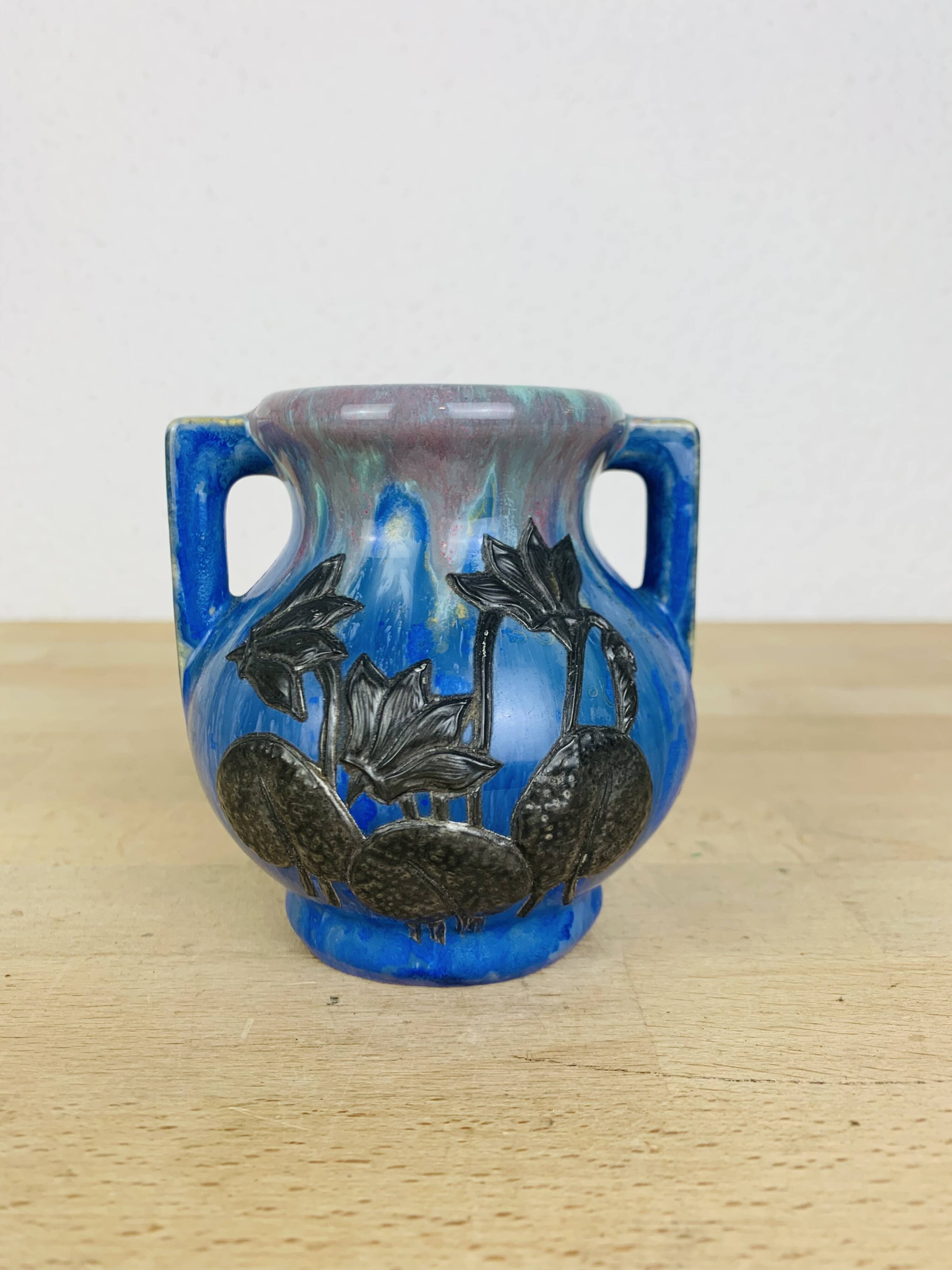 Pierrefonds stoneware art deco vase, tin floral decoration