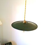Vintage green enamelled metal suspension, antique industrial light fixture.