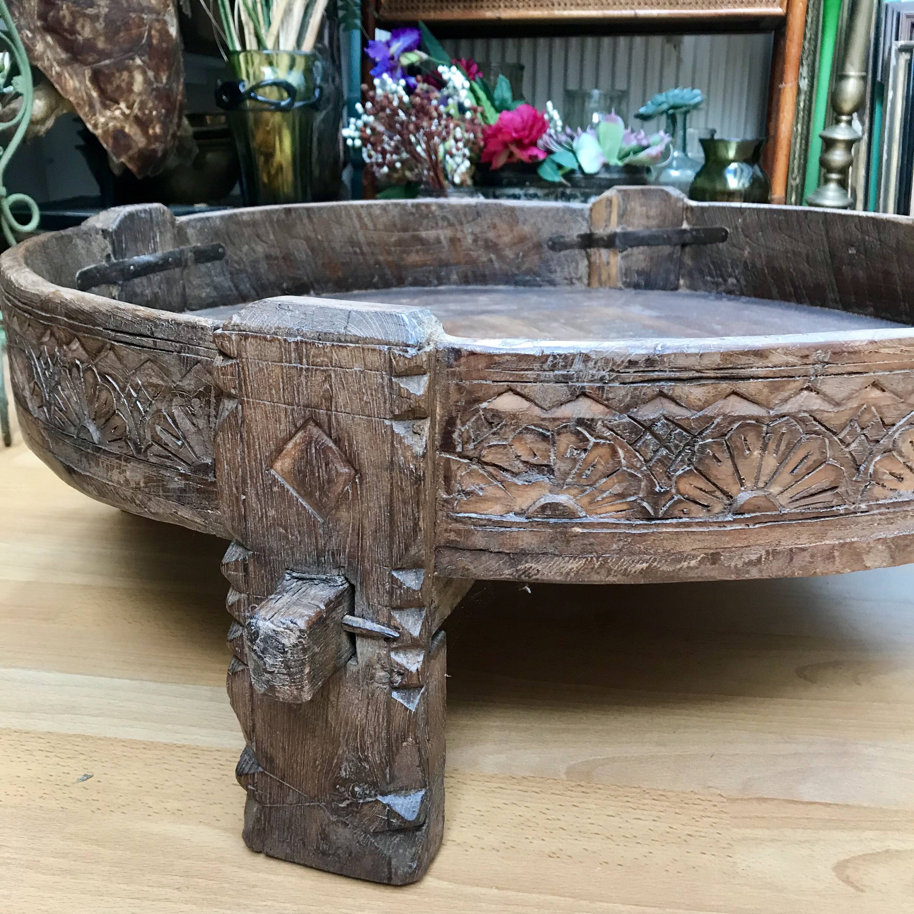 Antique Indian Teak Low Grinder Table, 1940s