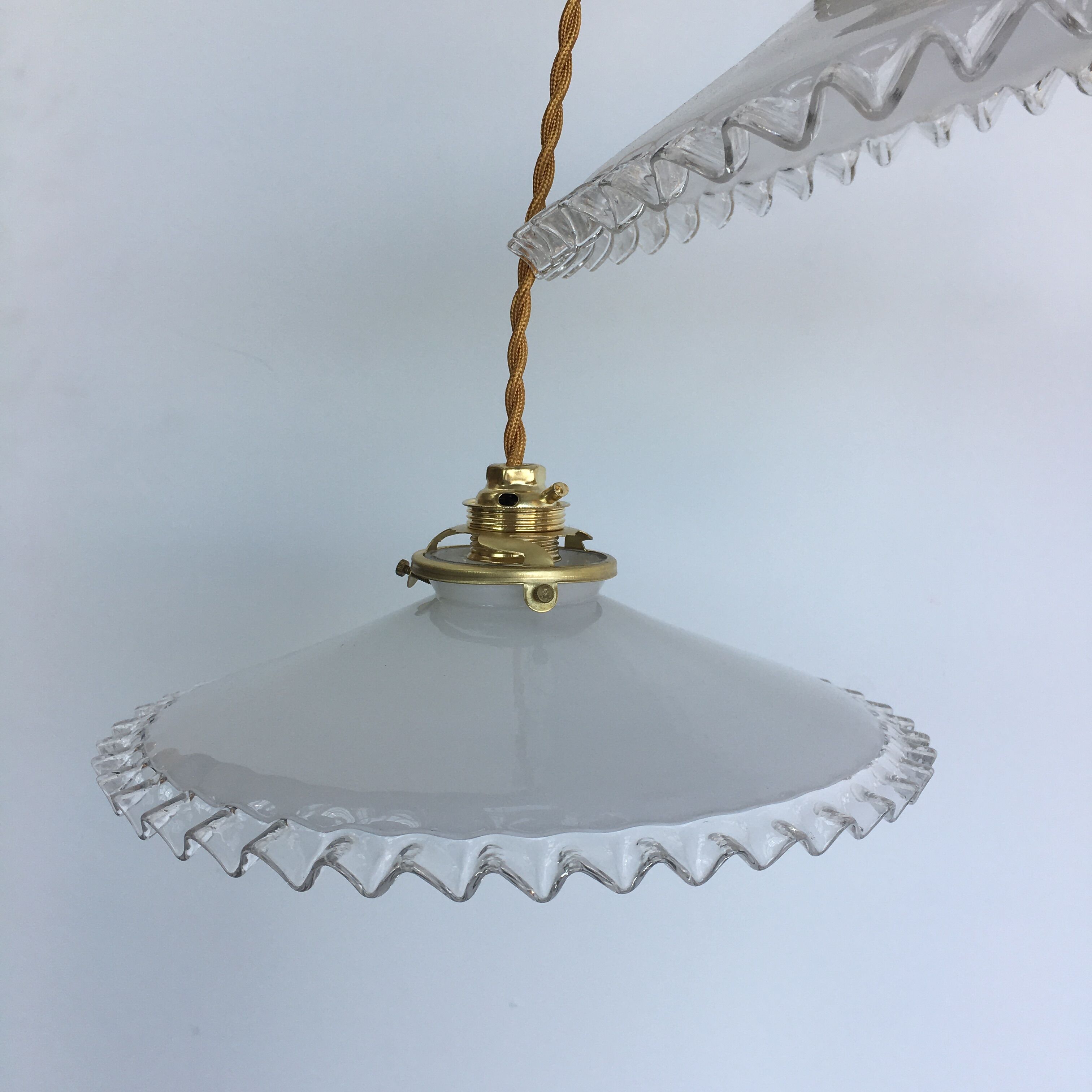 Pair of white opaline and toothed edges hanging lamps
