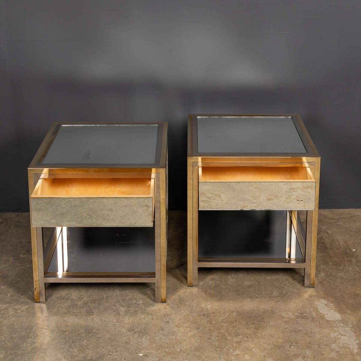 20thc pair of brass, chrome & glass side tables by belgo chrom, belgium