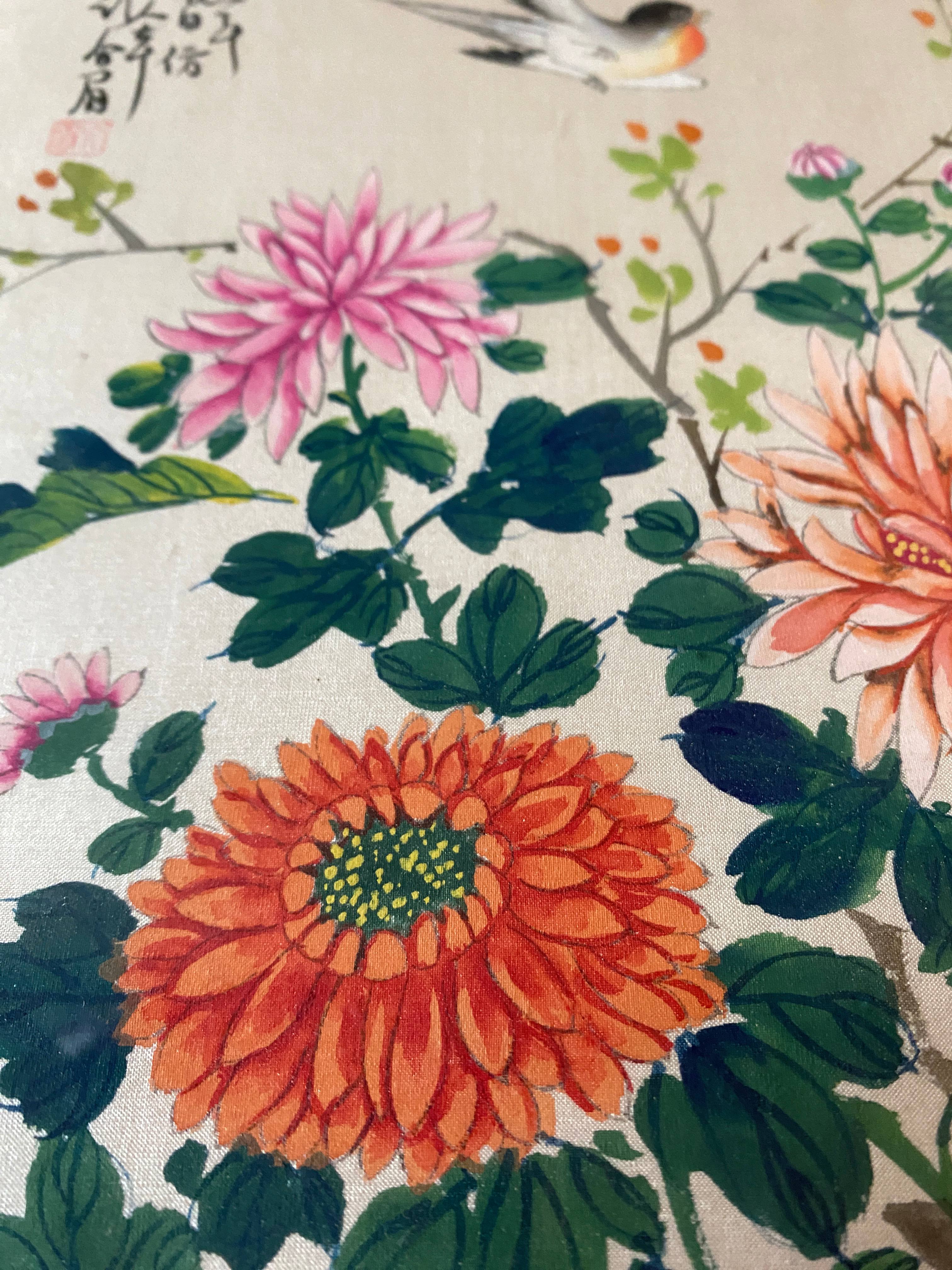 Paintings two watercolors on fabrics China flowers and birds frames XIX°