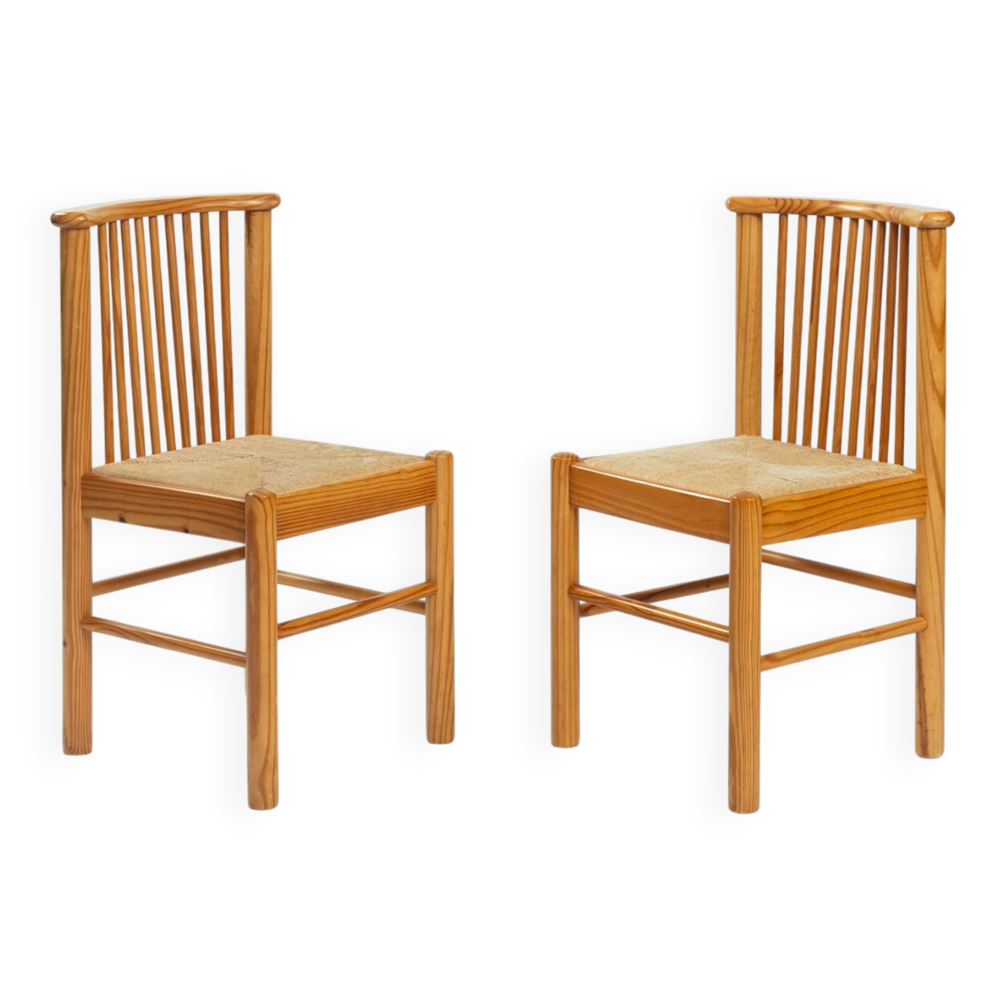 2 vintage chairs in pinewood with braided seat, 1970s
