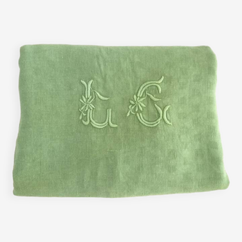 Nappe ancienne en damassé chiffrée LG - vert citron - Métis