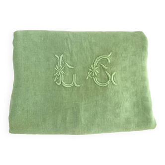 Old LG damask tablecloth - lime green - Métis