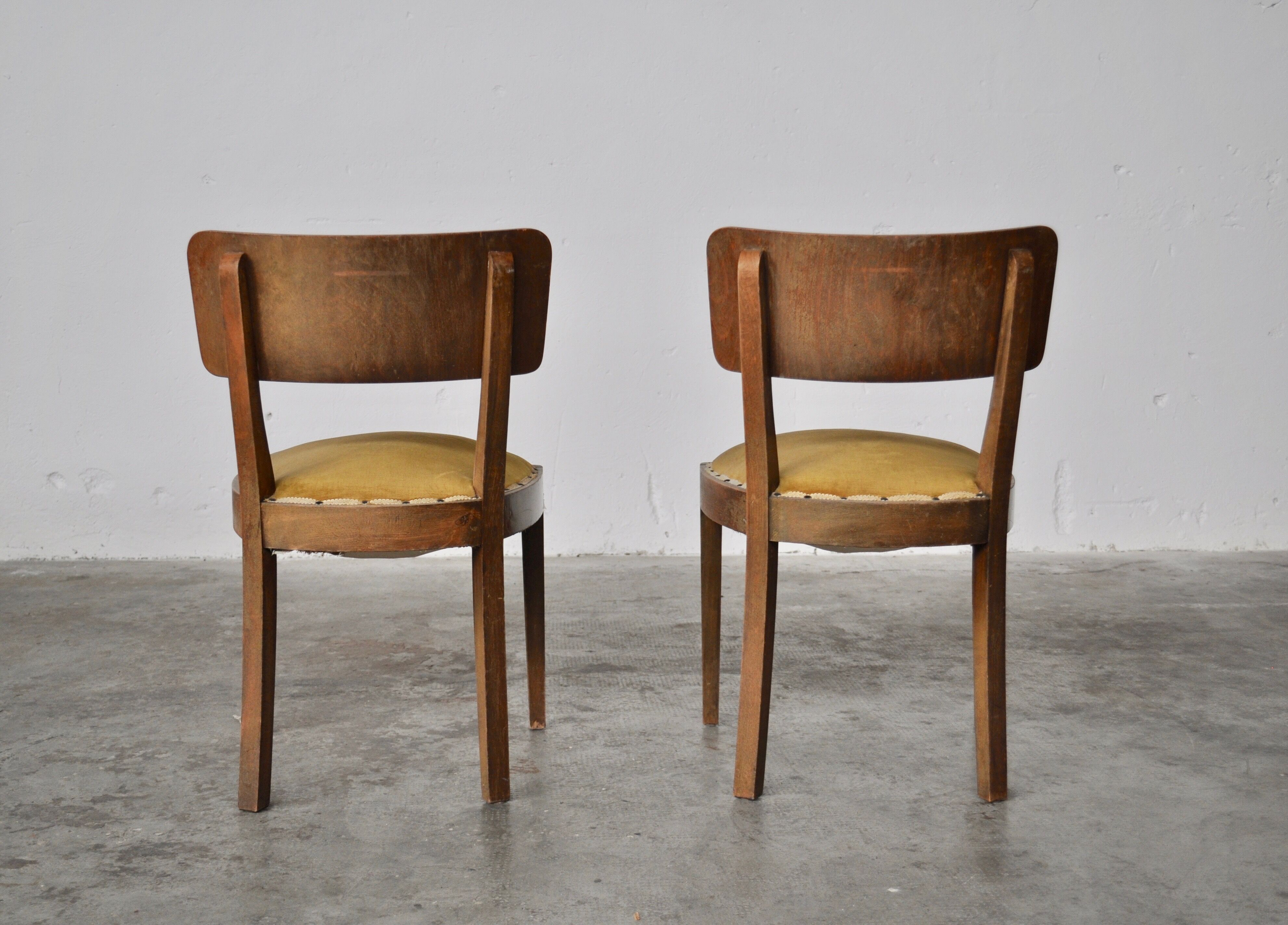 Vintage walnut chairs with studs & straps and springs in velvet, italy, 1920s