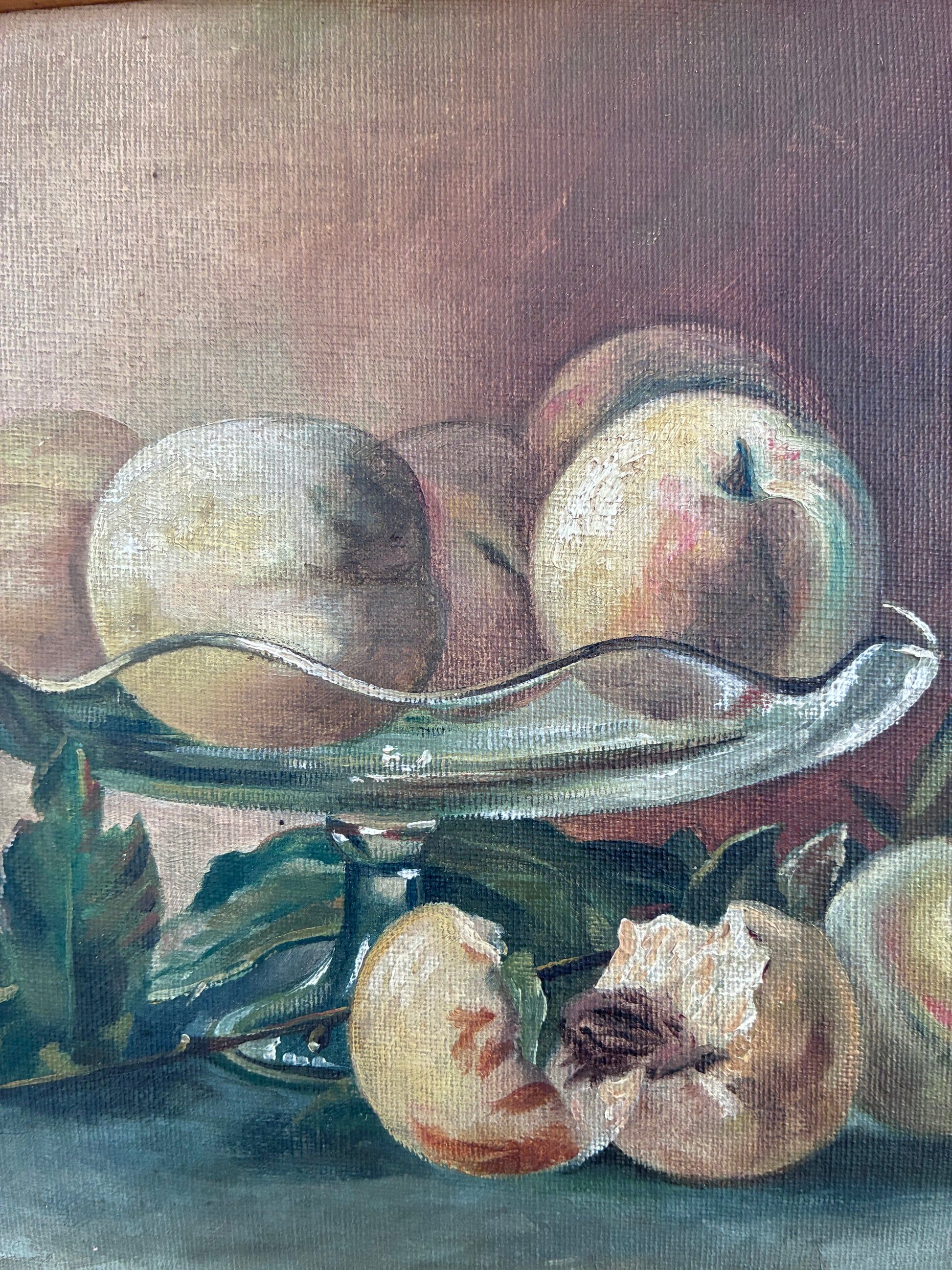 Antique original still life oil painting, fruit kitchen art