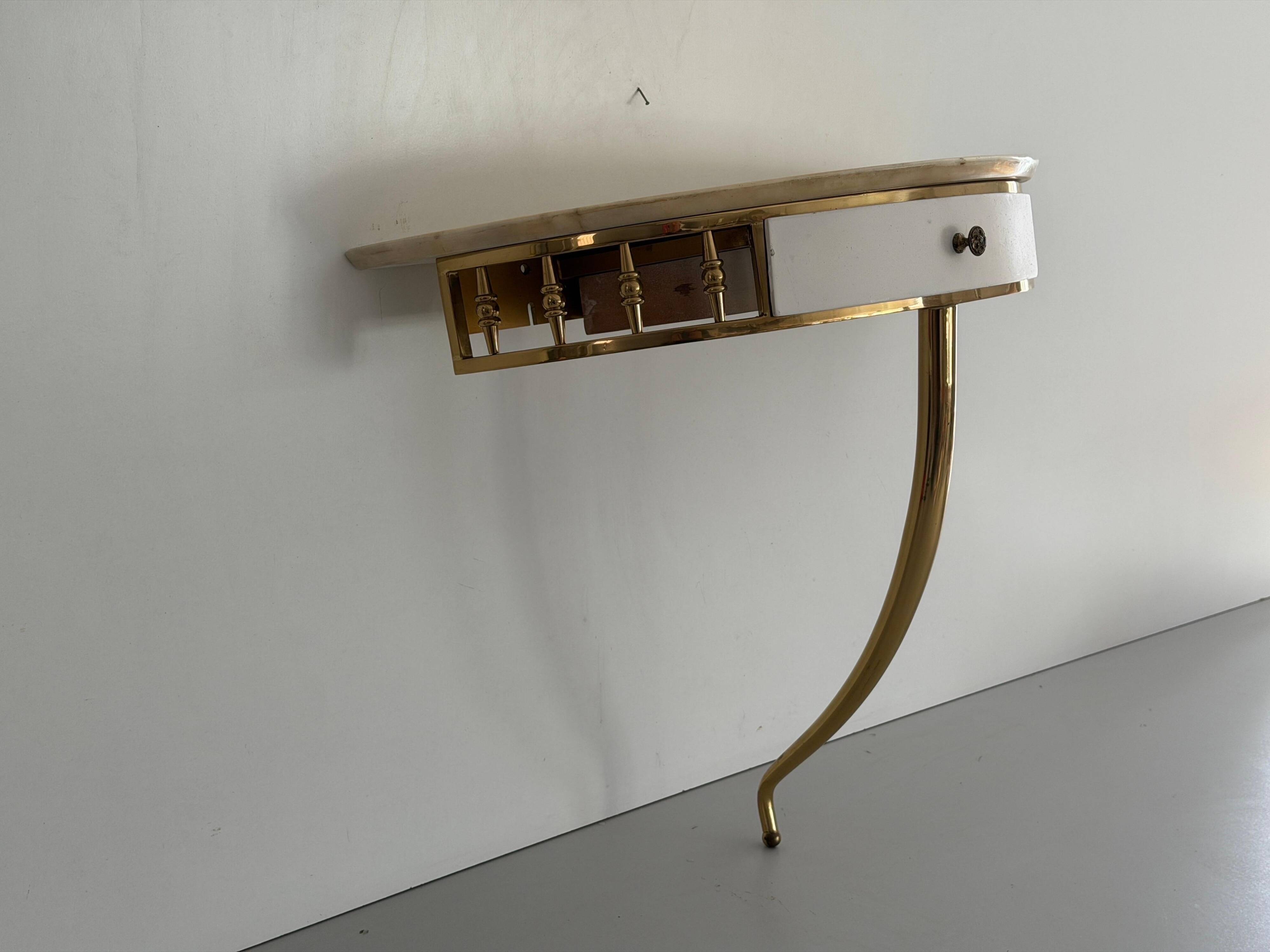 Floating wall console with drawer, brass body and marble top, 1960s, Italy