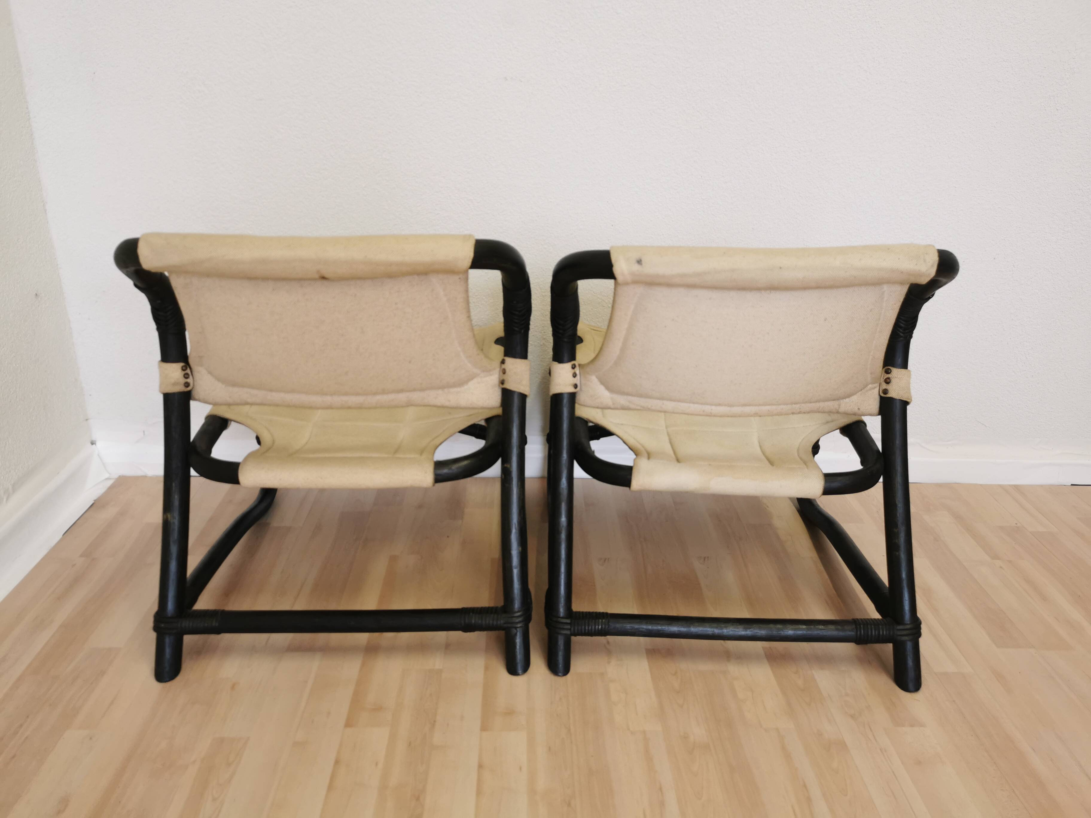 2 Vintage Espri Safari Lounge Armchairs / Rare Mid-century Black Bamboo and Beige Fabric Easy C