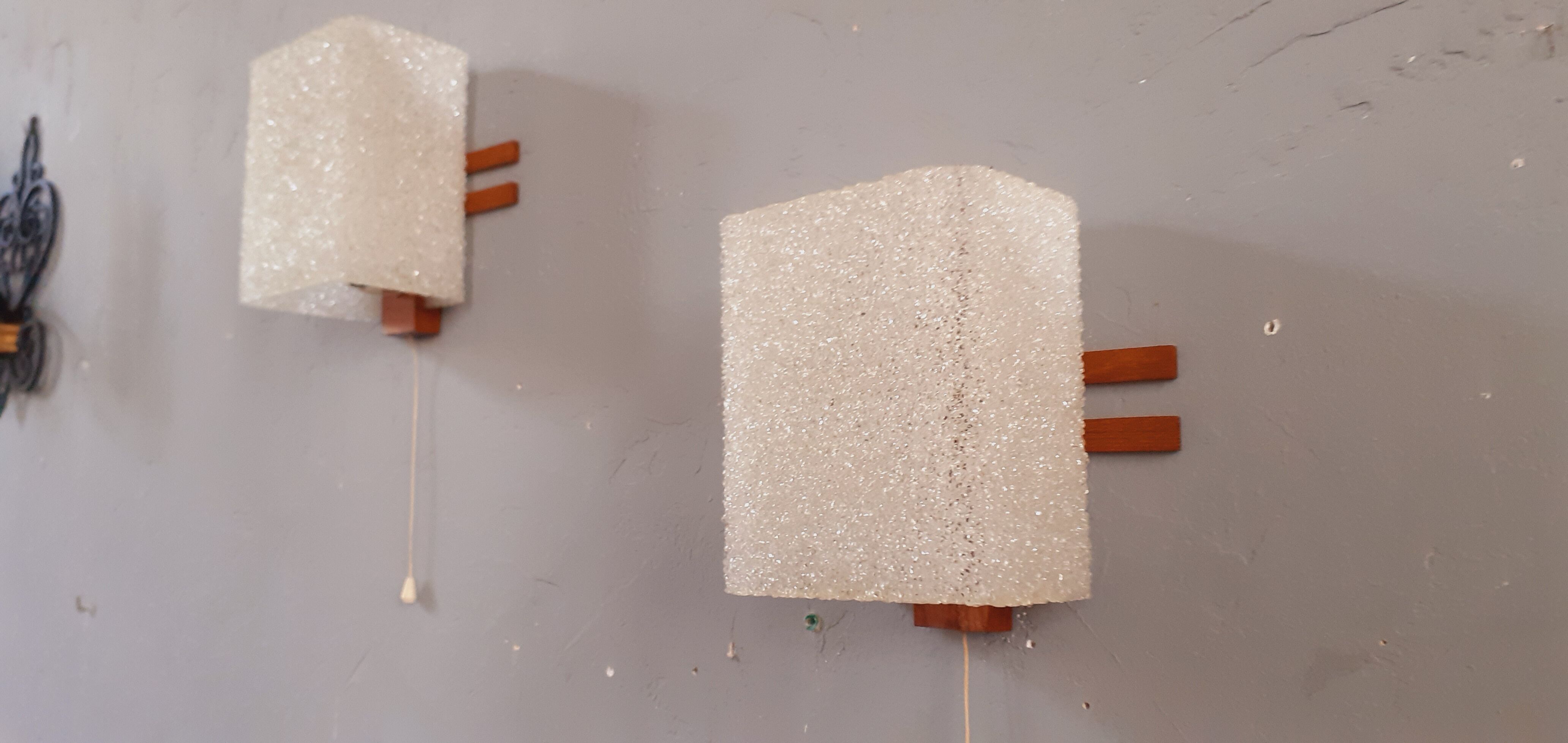 Pair of wall lamps 60s Scandinavian style teak and plexis granite