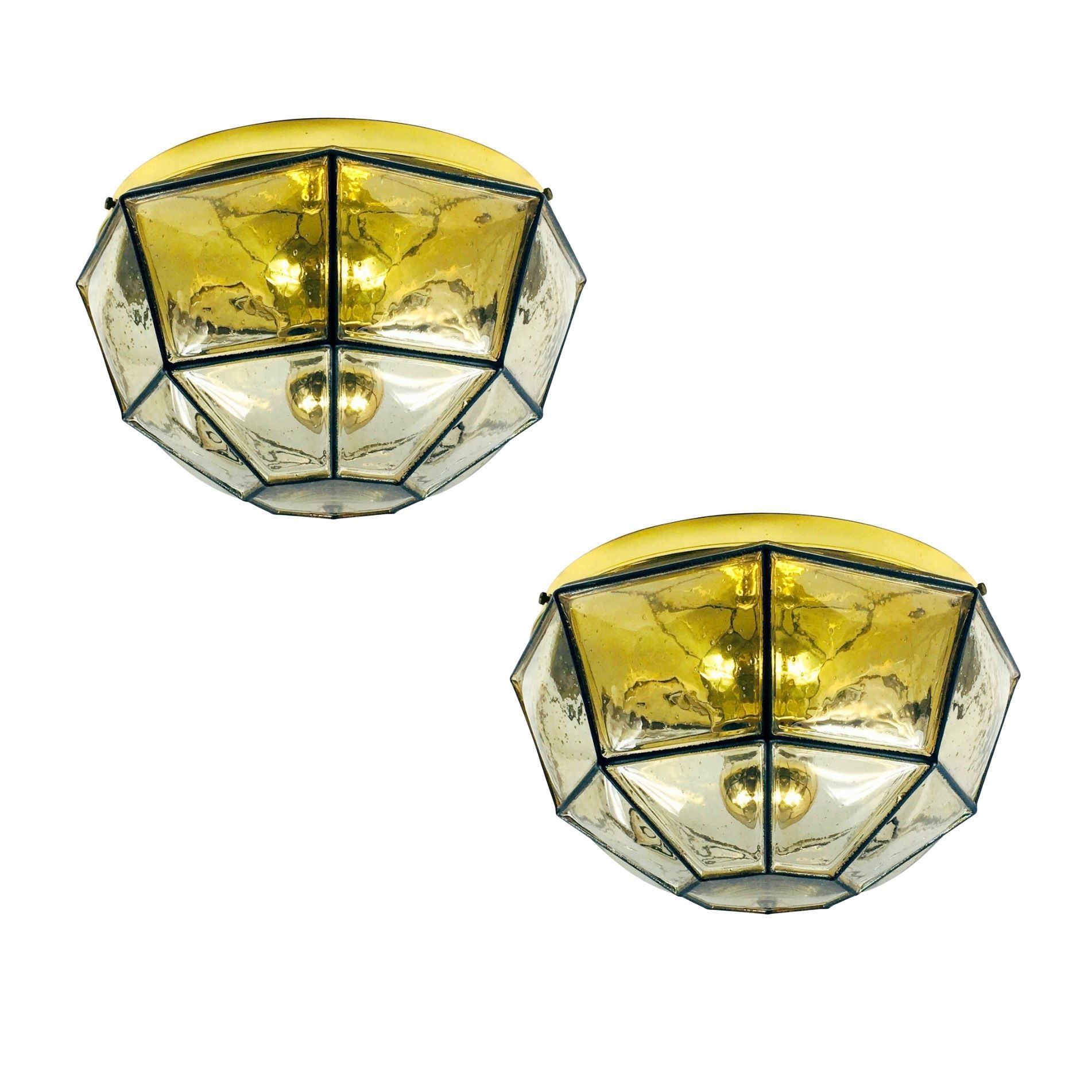 Pair of mid-century minimalist iron & glass flush mounts / ceiling lamps from limburg, germany, 1960