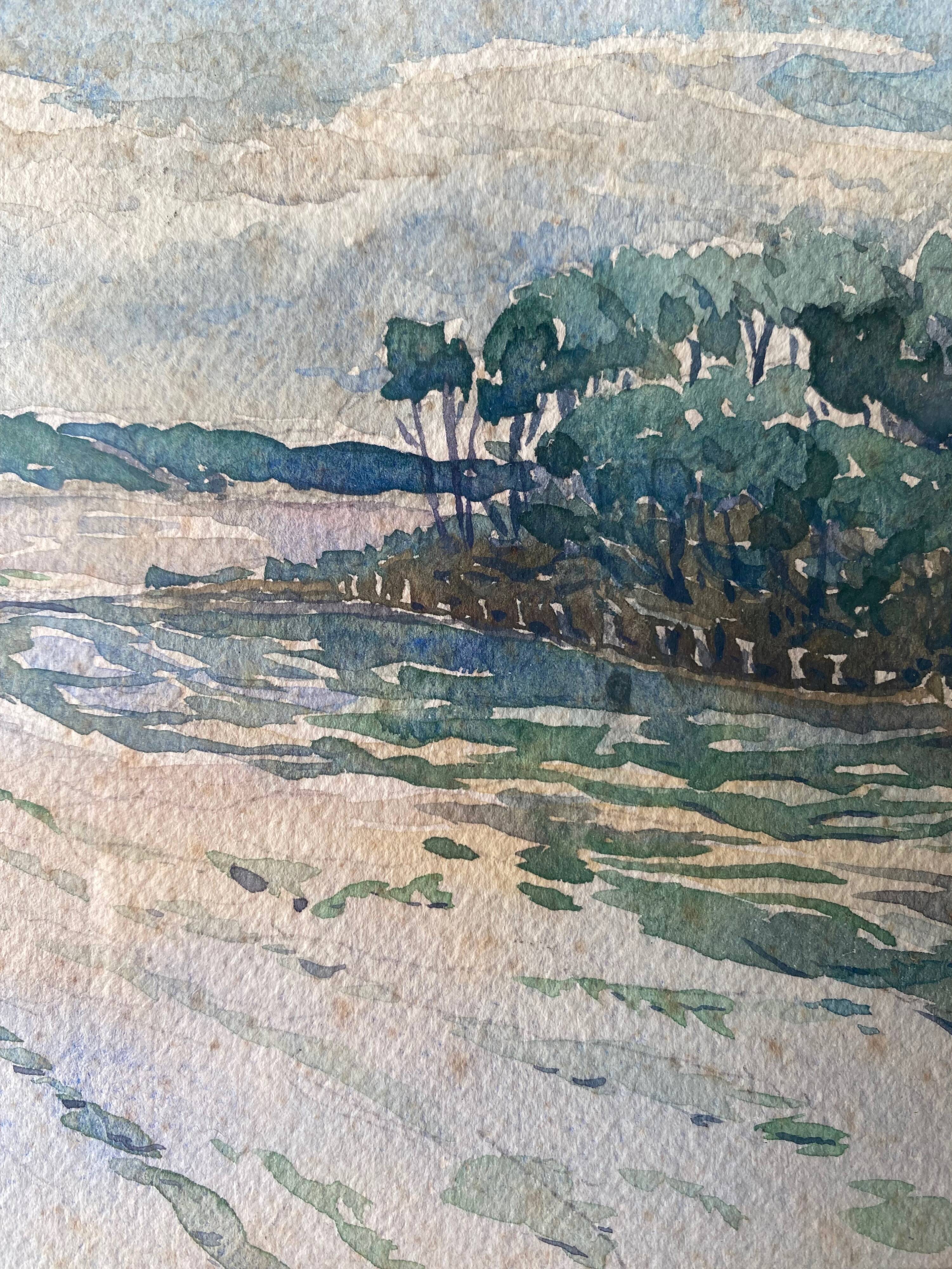 Painting "Tree Riverside Landscape" Watercolor signed dated 1949