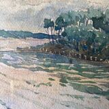 Painting "Tree Riverside Landscape" Watercolor signed dated 1949