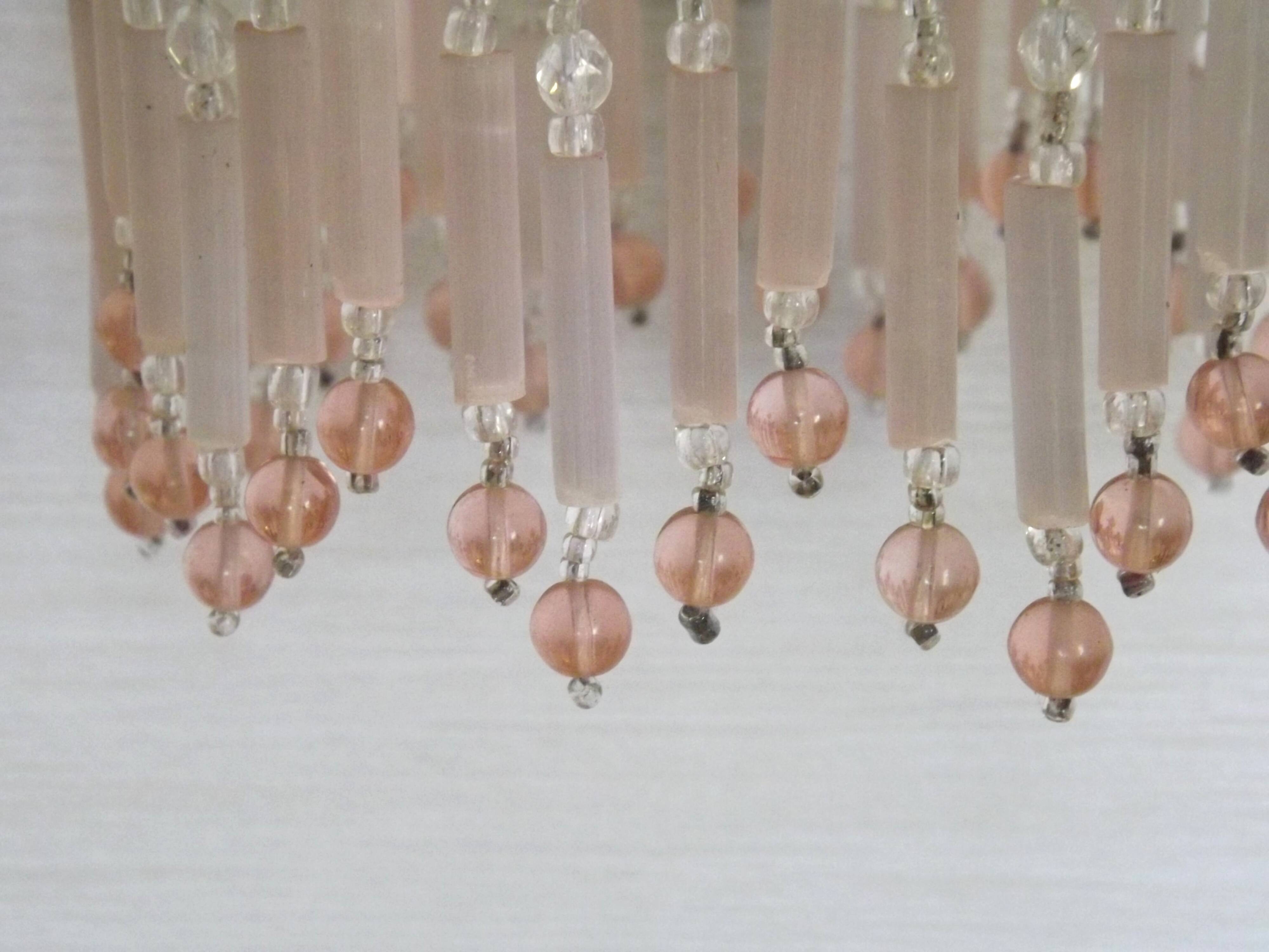 Pair of French Vintage Gold Wall Lights Pink Glass Beaded Fringe Shades