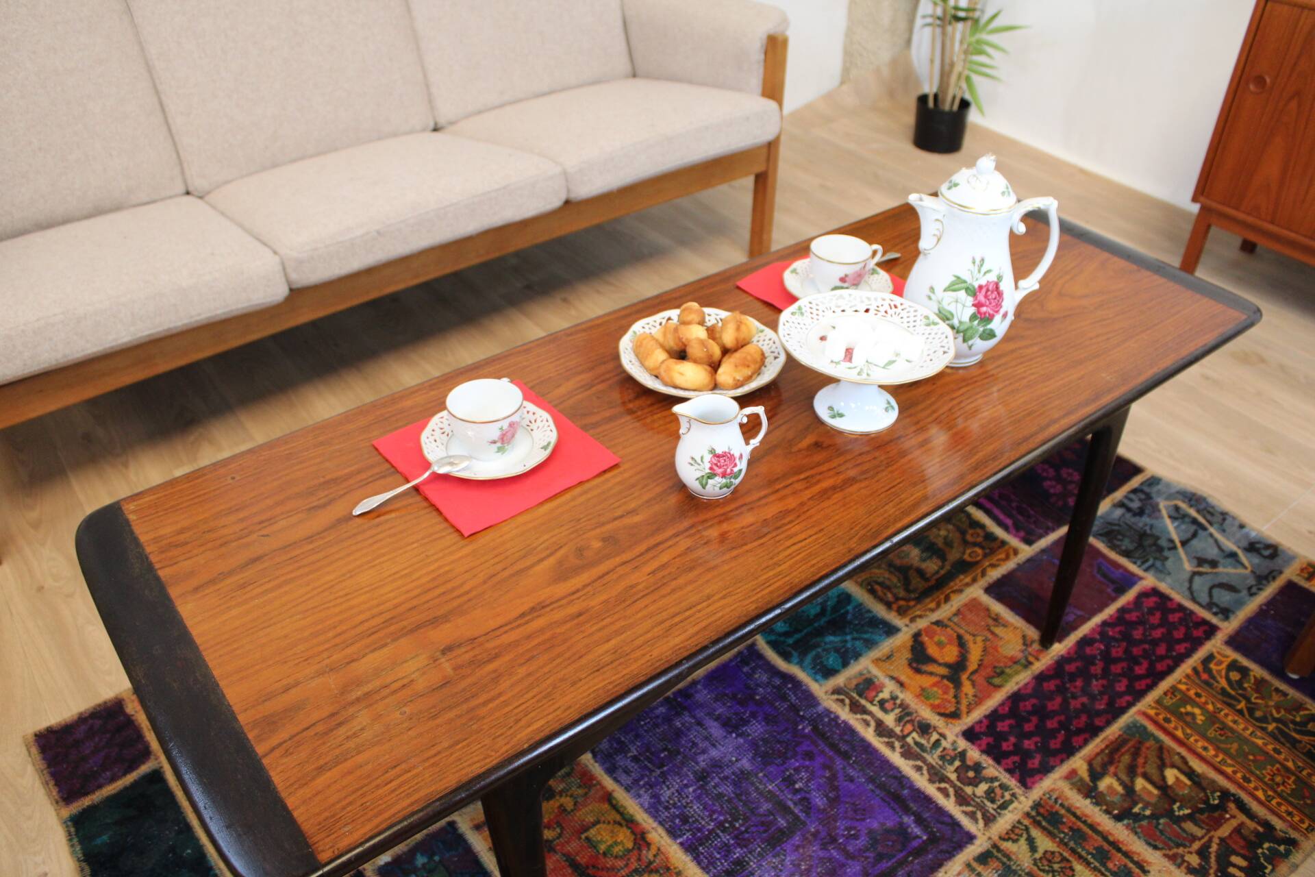 Vintage light and dark oak coffee table 140 cm 1960 Sweden