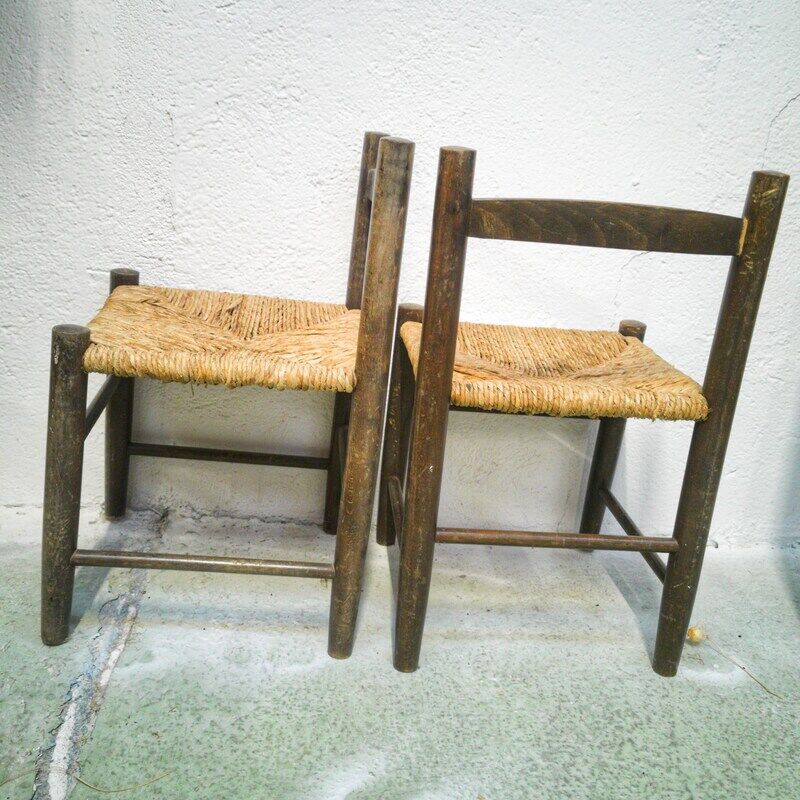 Paire de chaises enfant en bois et paille