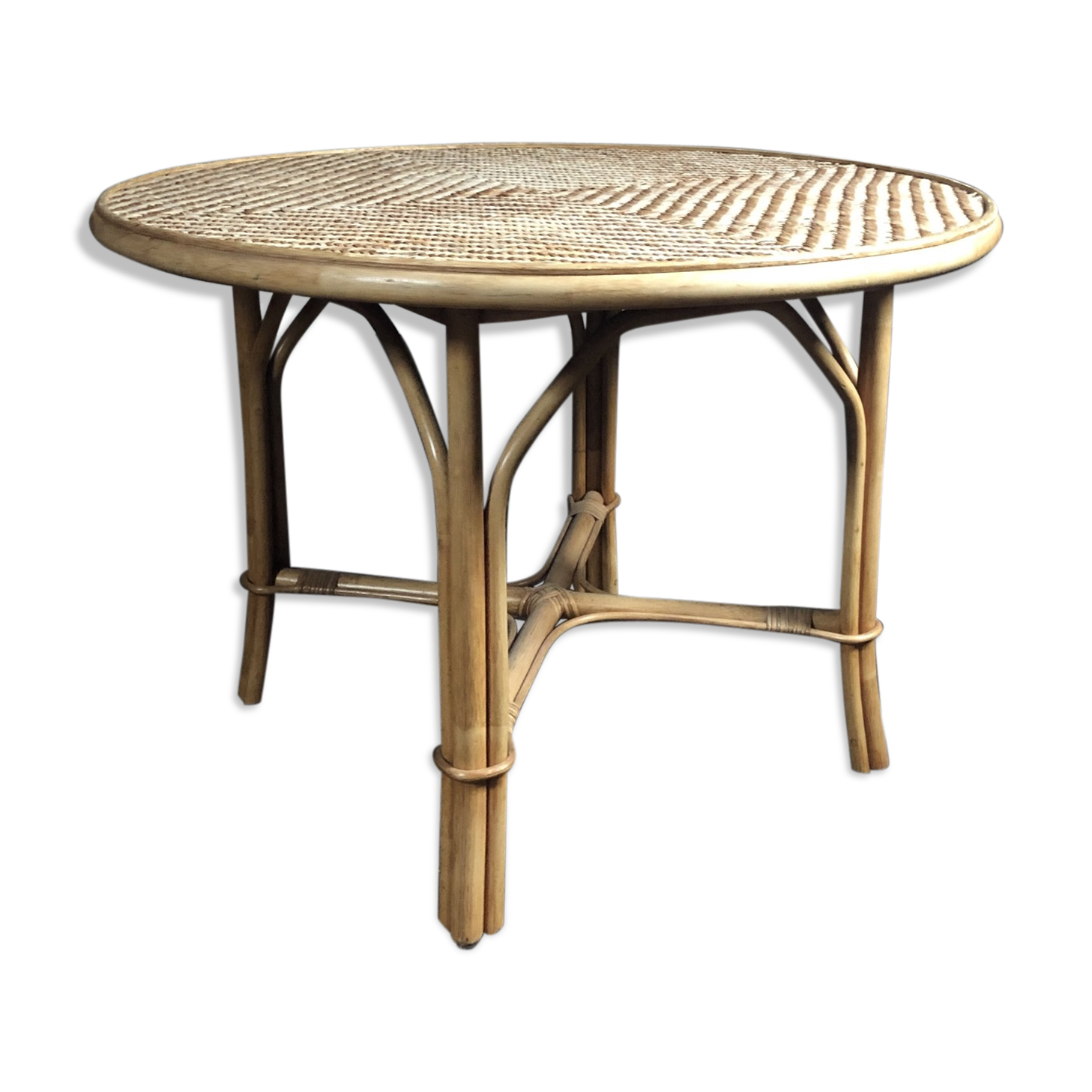 Vtg Mid Century Round Circular Wicker Bamboo Bamboo Table Dining rattan Tiki