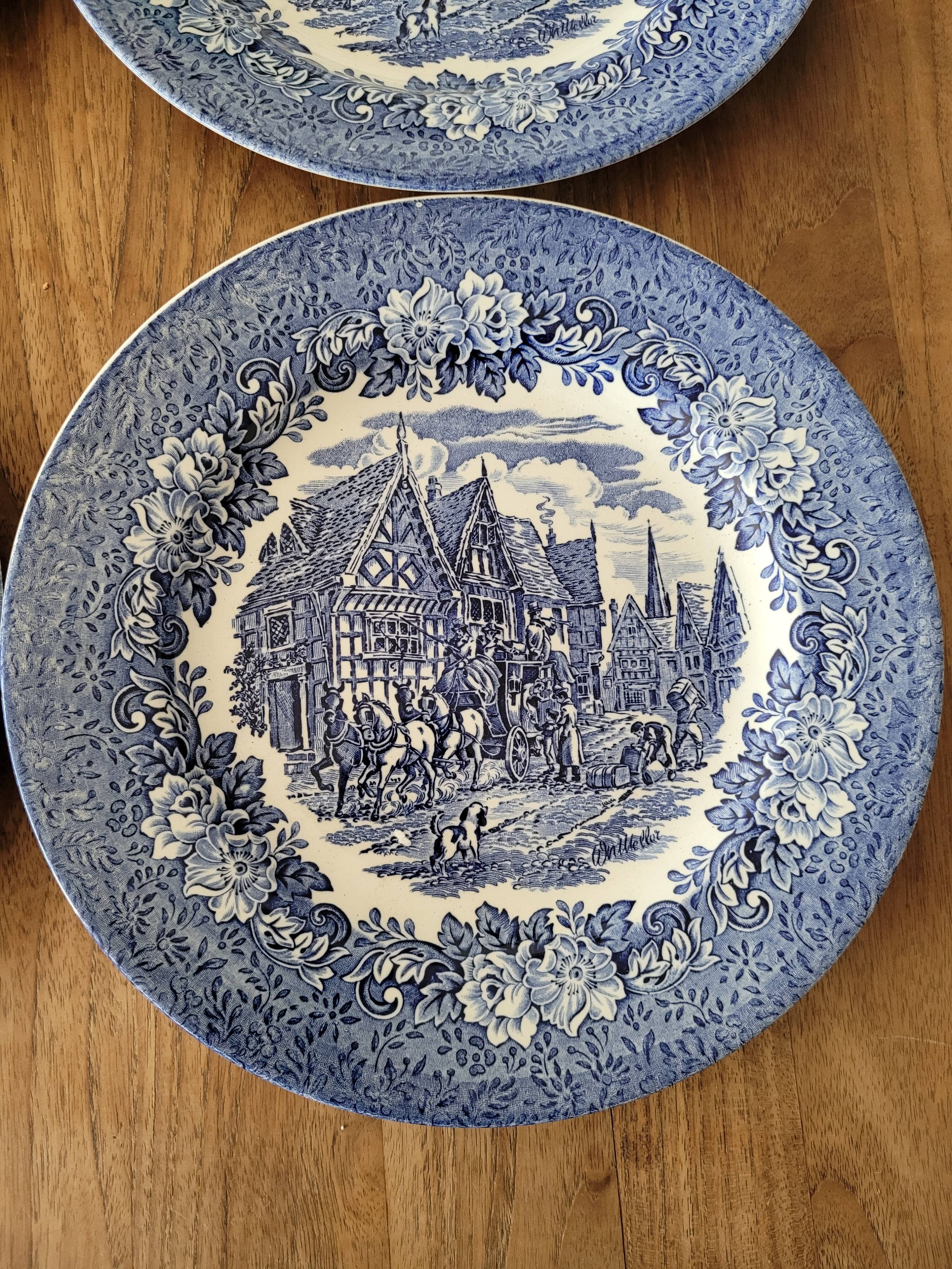 6 blue plates made in england