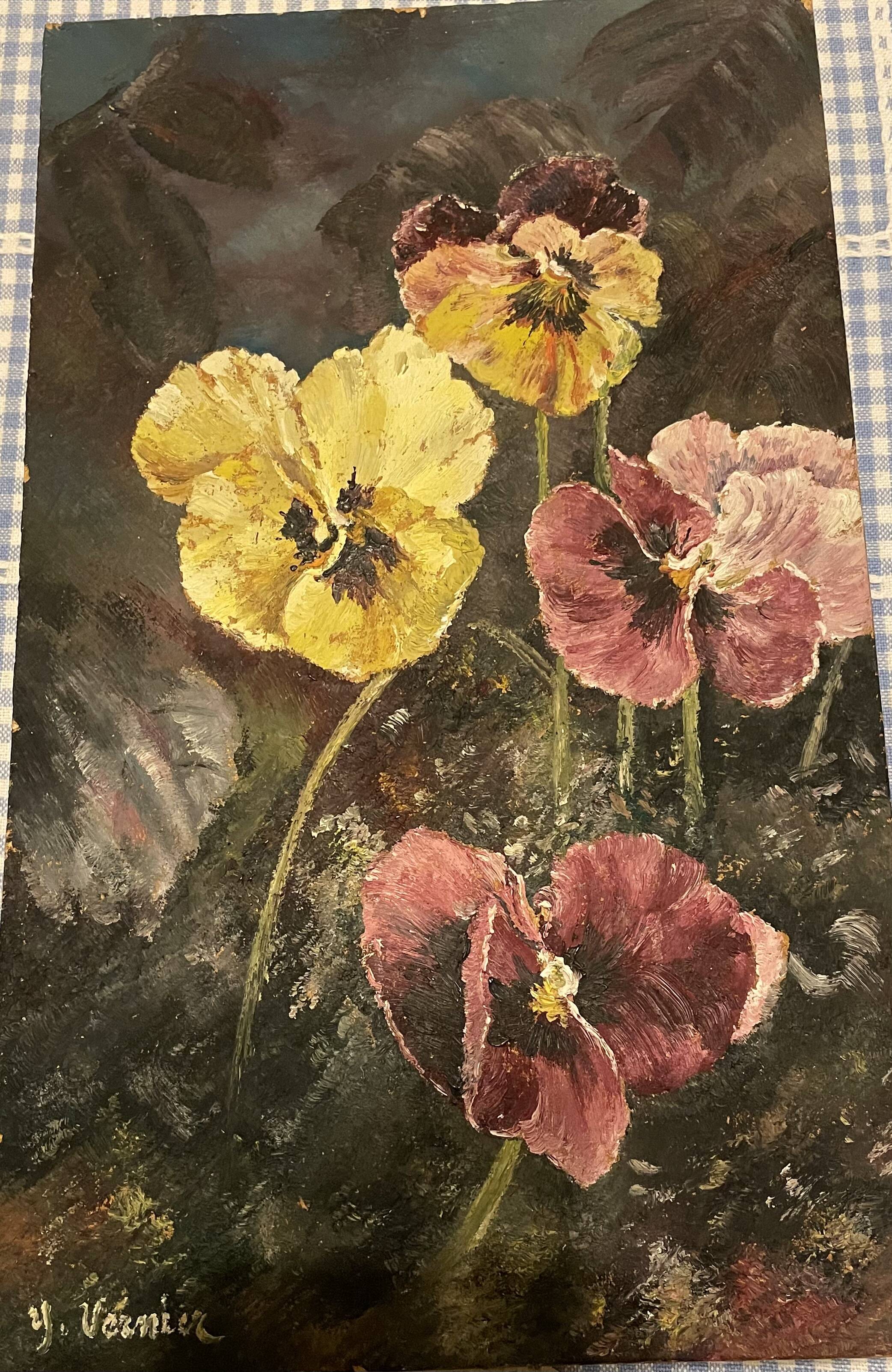 Oil on wood wild pansies 29x17