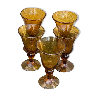 5 ocher blown glass wine glasses from Biot vintage glassworks