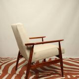 Scandinavian style set lounge chair and ottoman footrest in boucle fabric natural dark wood Mid Cent