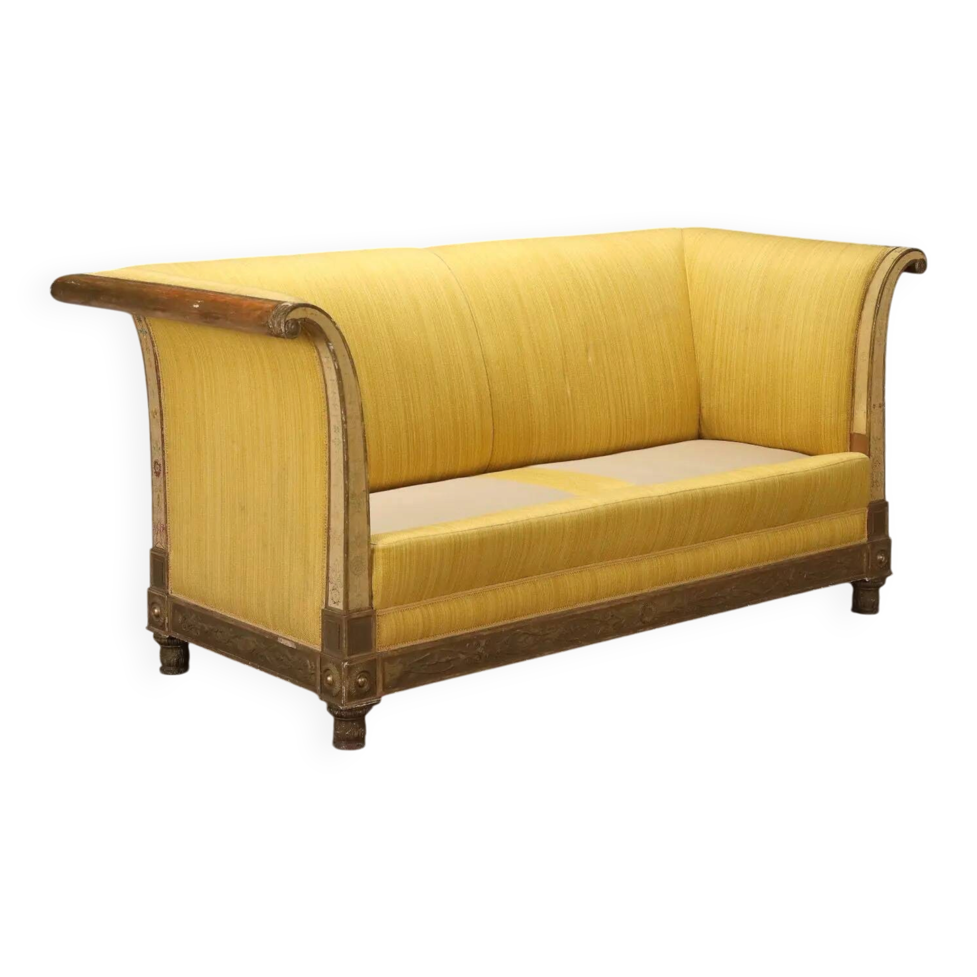 Antique restoration canapé in carved and gilded wood, Italy, 19th century.