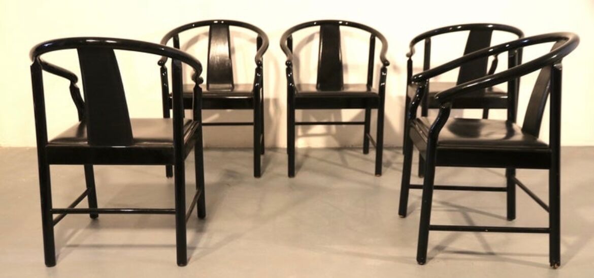 Set of 5 black lacquered leather dining chairs similar to China Chair Wegner