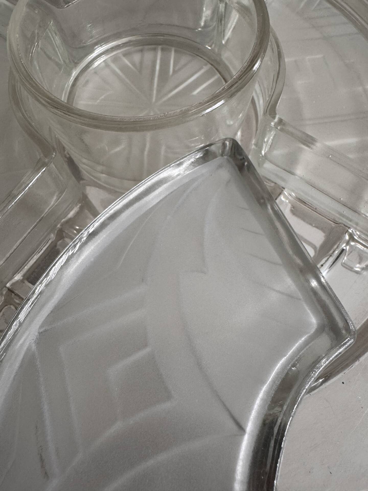 Art Deco silver-plated metal and glass serving platter for appetizers.