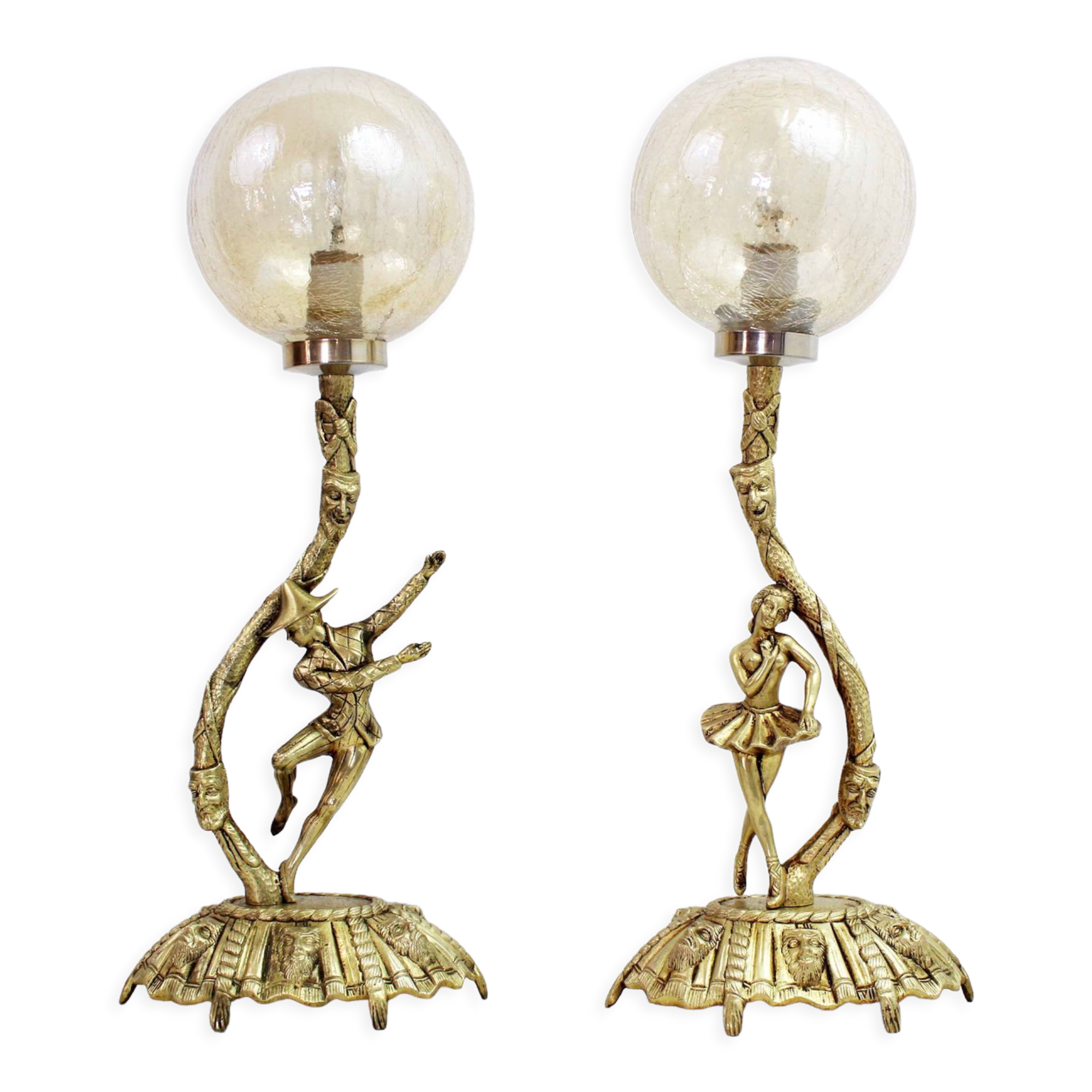 Pair of Commedia Dell Arte lamps in bronze and XXth glass