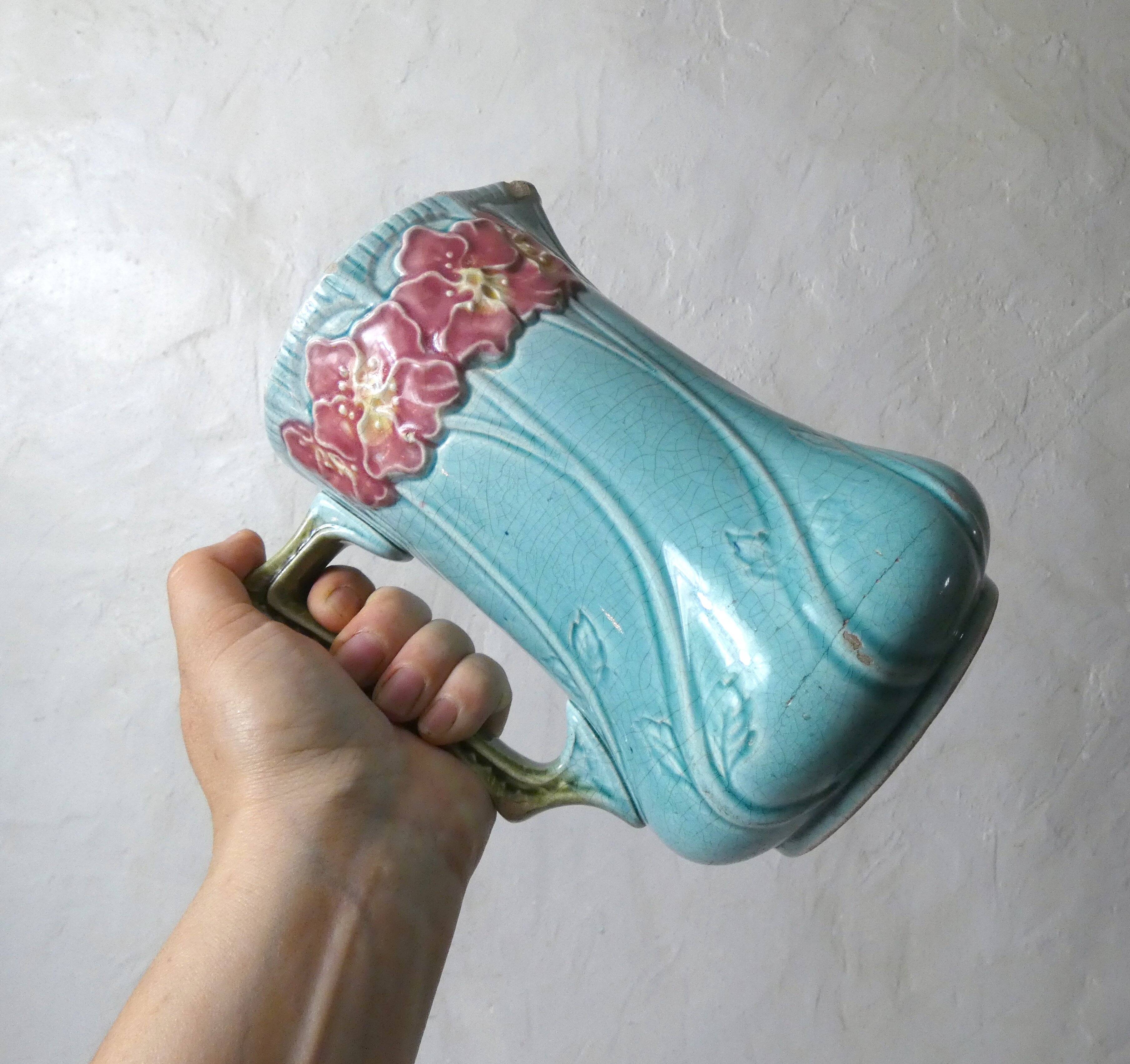 Antique Art Deco turquoise flowered slipware jug vase
