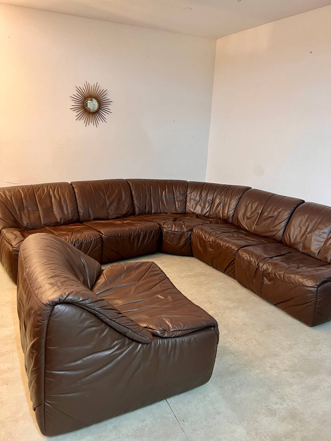 Large modular sofa with brown leather armchair 80s design dreipunkt vintage sofa